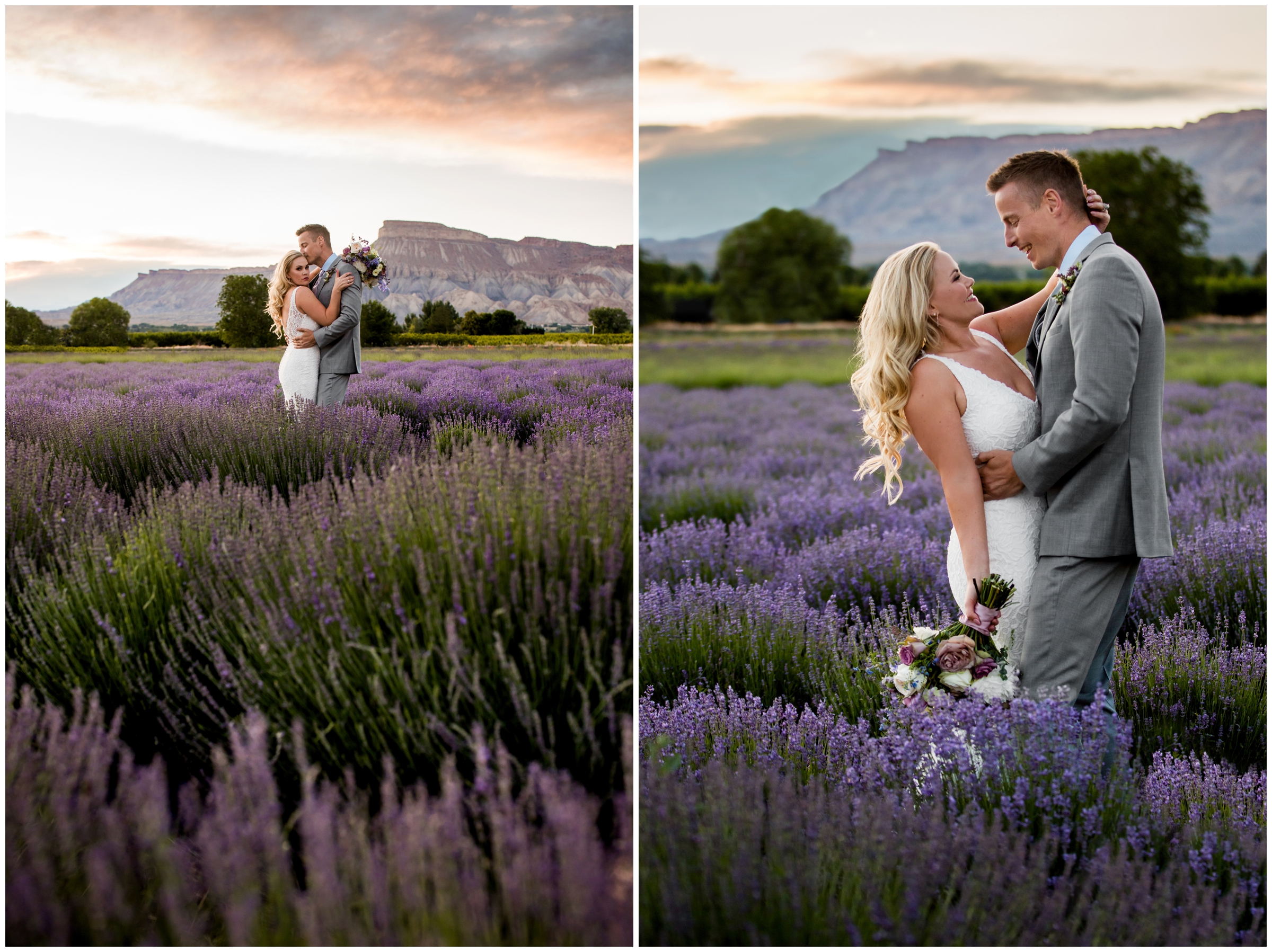 couple posing in flower field during Grand Junction wedding portraits 