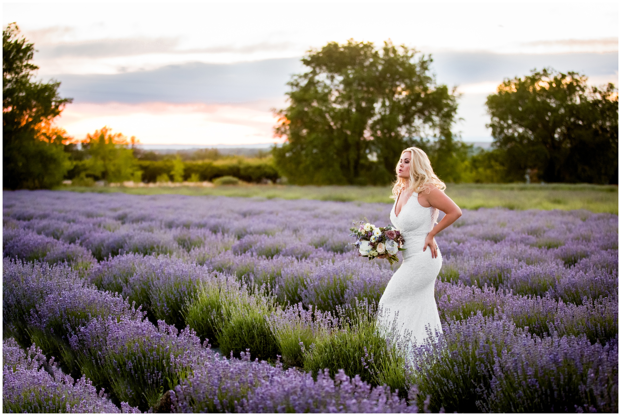 blonde curvy bride posing in flower field at Colorado summer elopement  