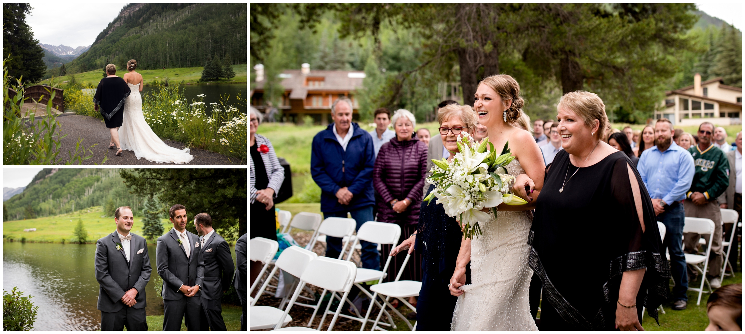 bride walking down the aisle at Vail golf club wedding island ceremony