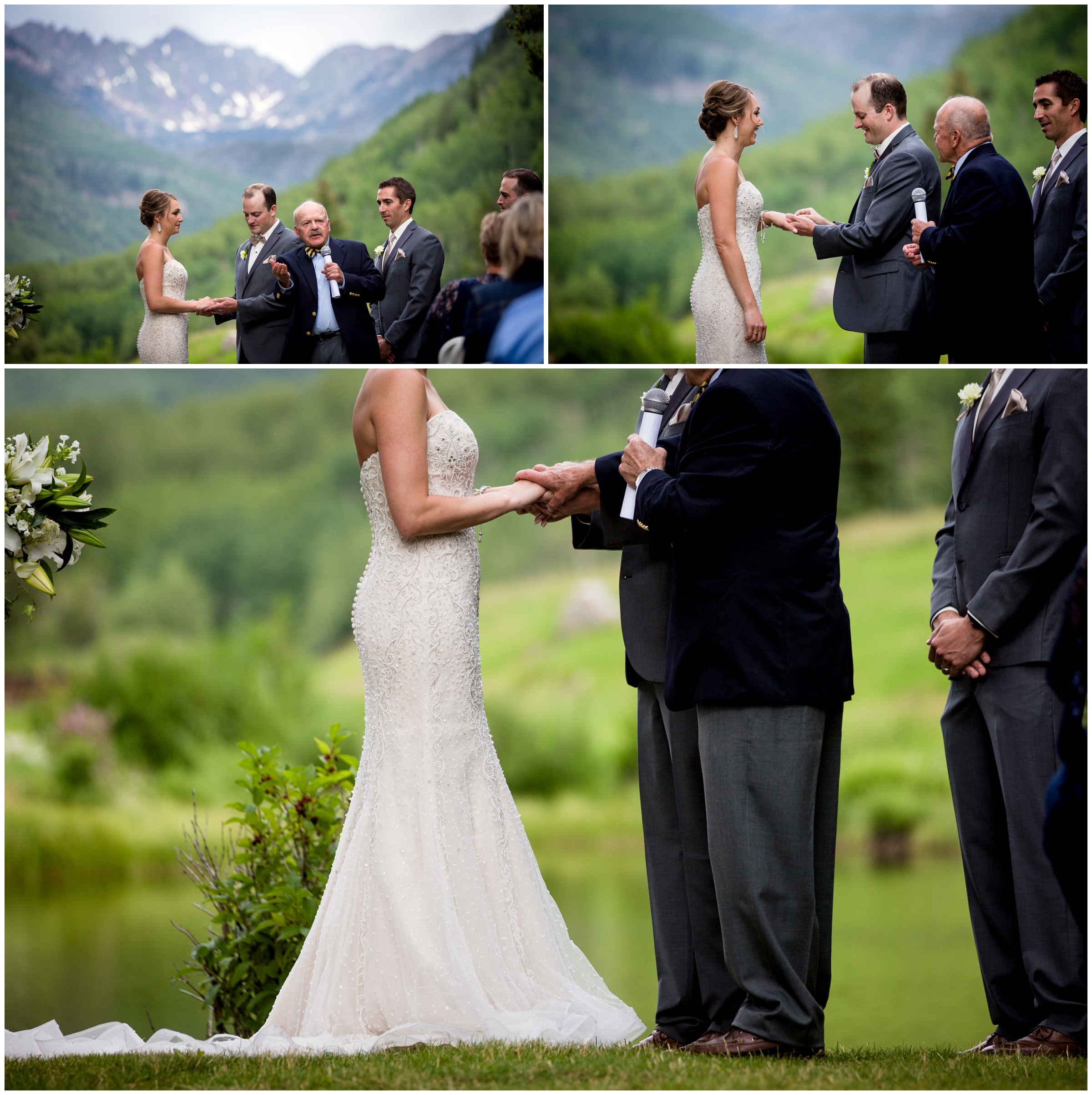 ring exchange during Vail Golf Club wedding island ceremony 