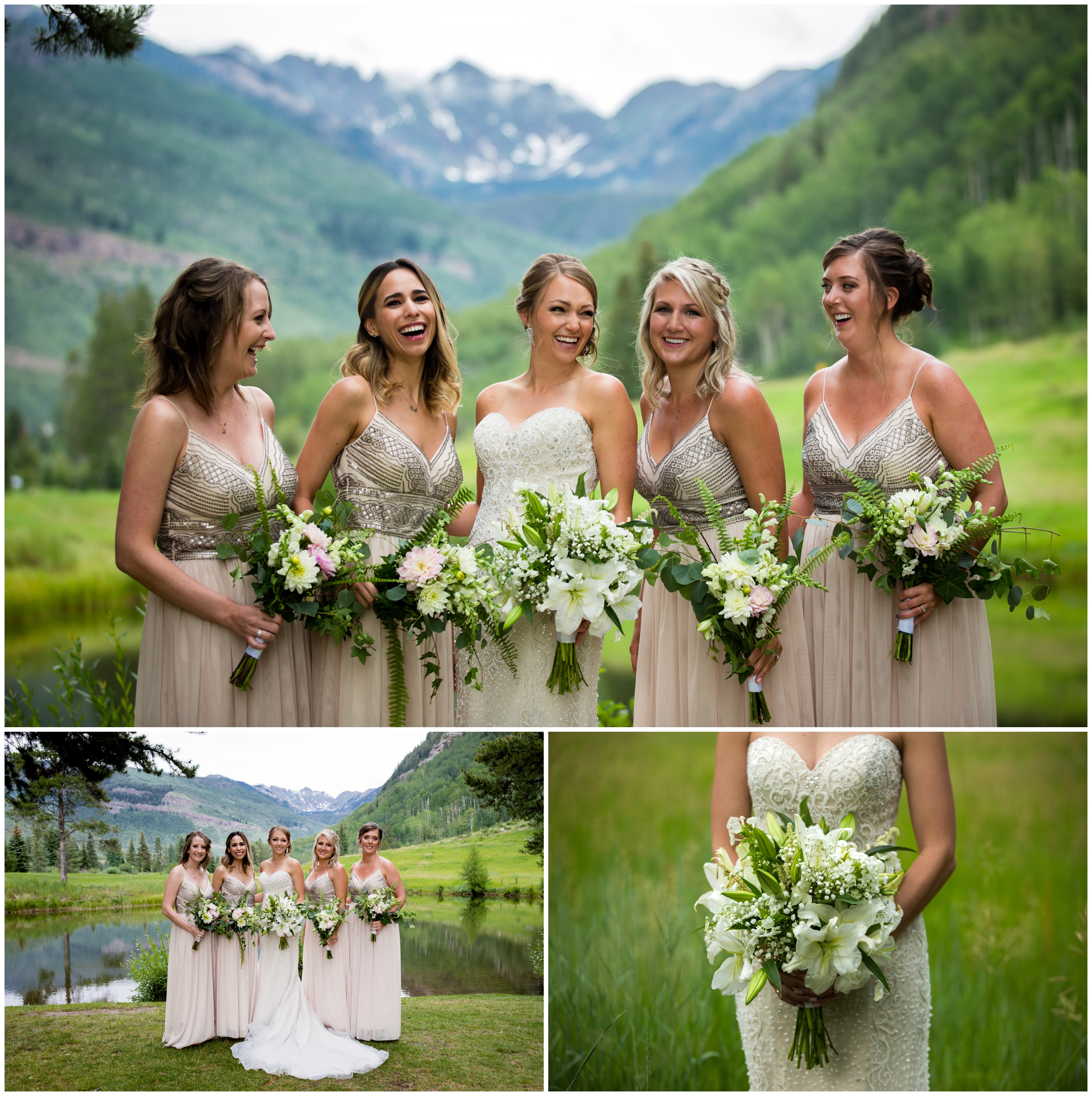 bridesmaids in blush dresses posing at Vail wedding island 