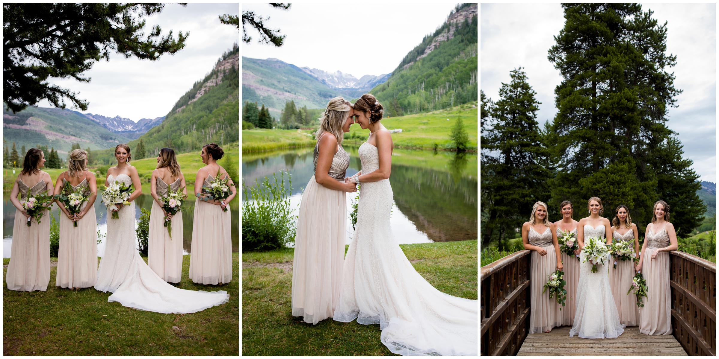 bride and bridesmaids posing on wooden bridge during vail Colorado bridal party portraits 