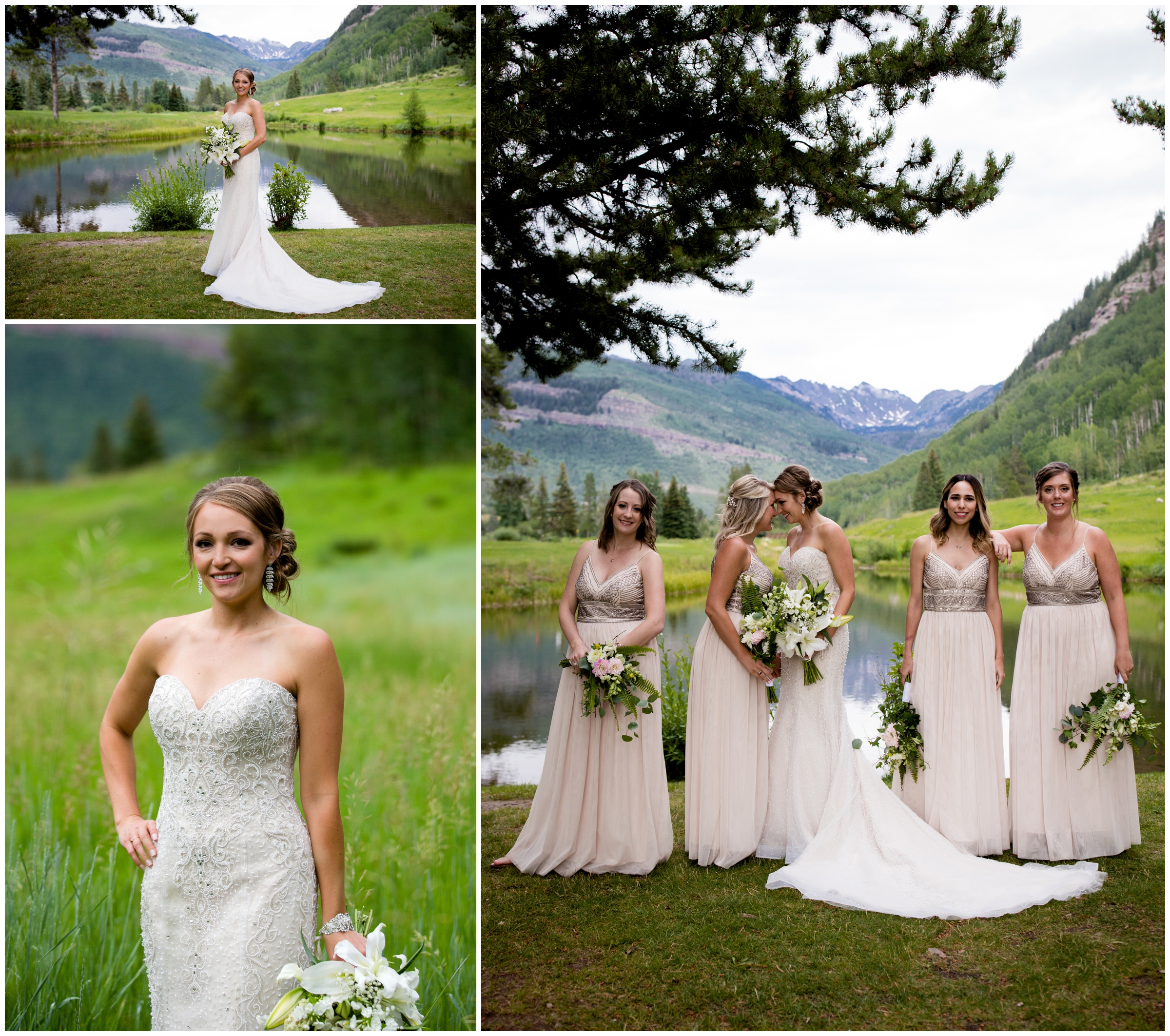bride posing with mountains in background at Vail Golf Club summer wedding 