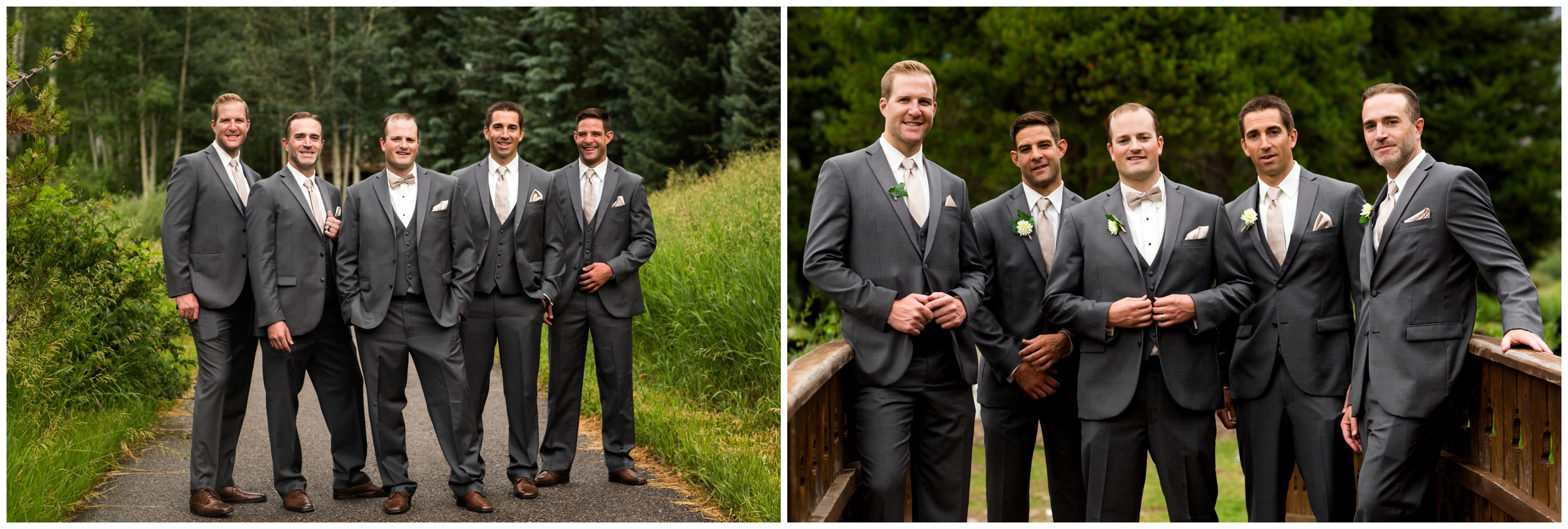 groom and groomsmen in gray posing for Colorado summer wedding photos 