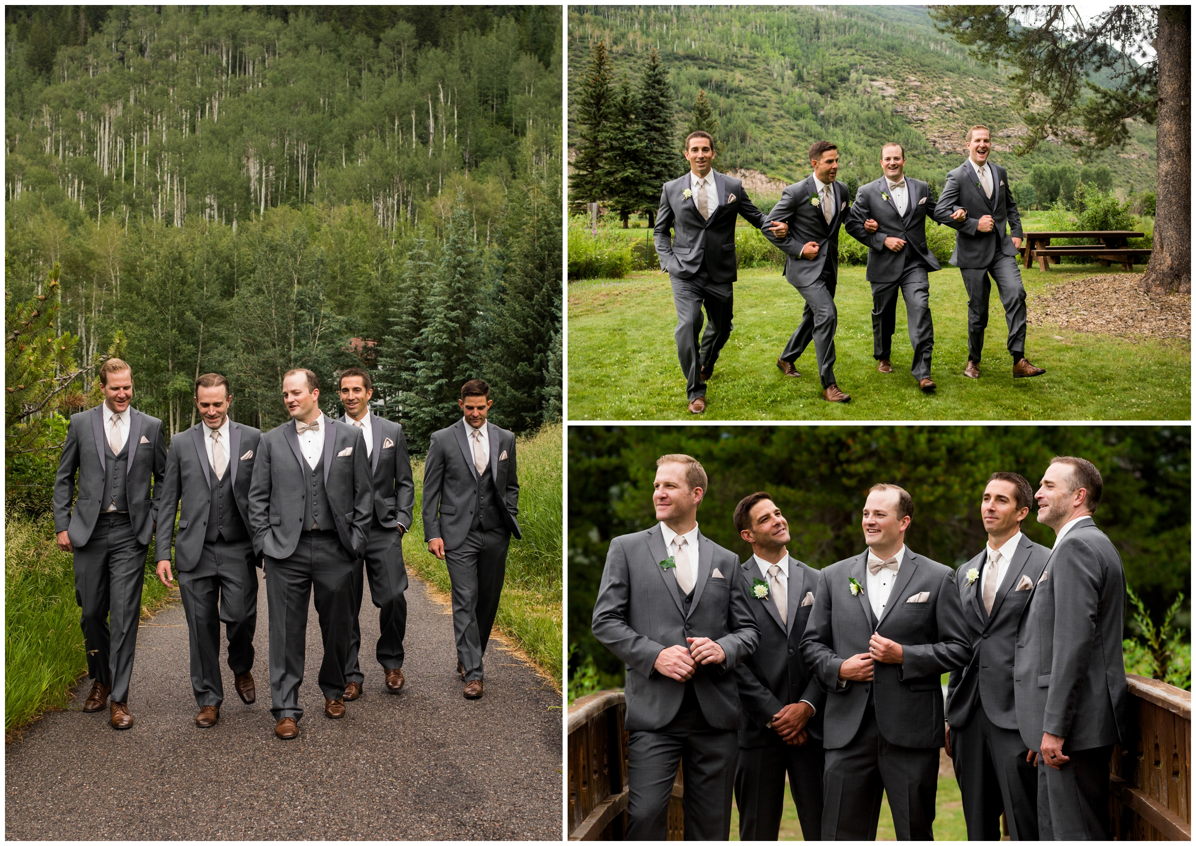 groomsmen in gray posing on bridge during Colorado wedding pictures 