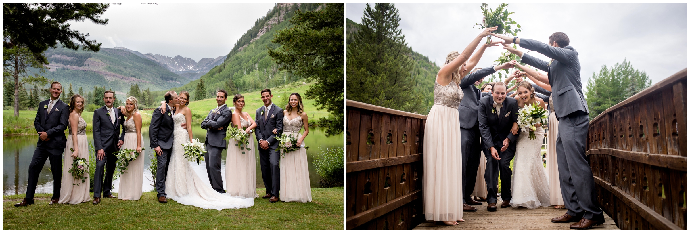 wedding party in blush and gray posing for bridal party photos in Vail Colorado 