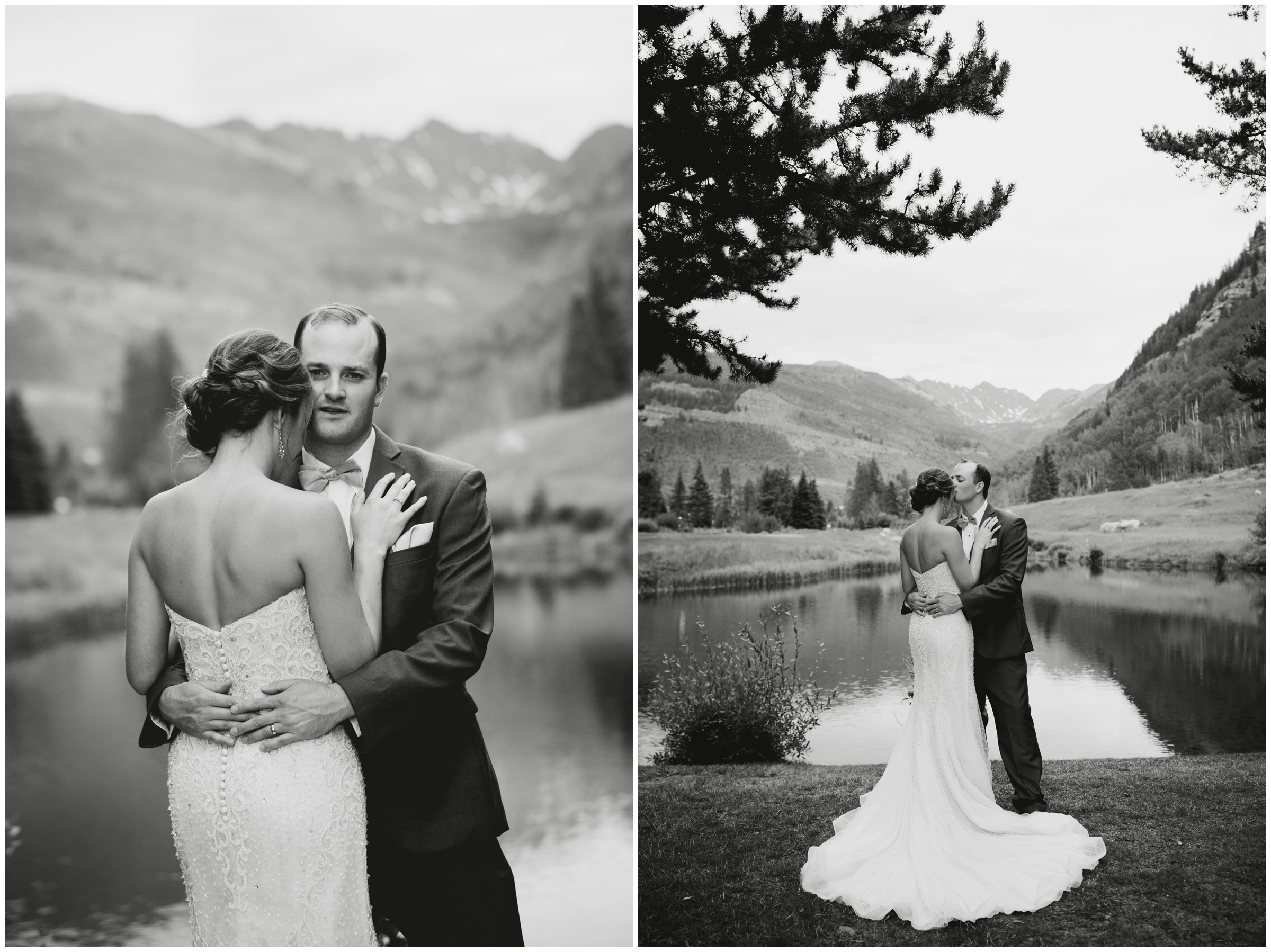 bride and groom hugging in front of lake during Colorado mountain wedding photography 