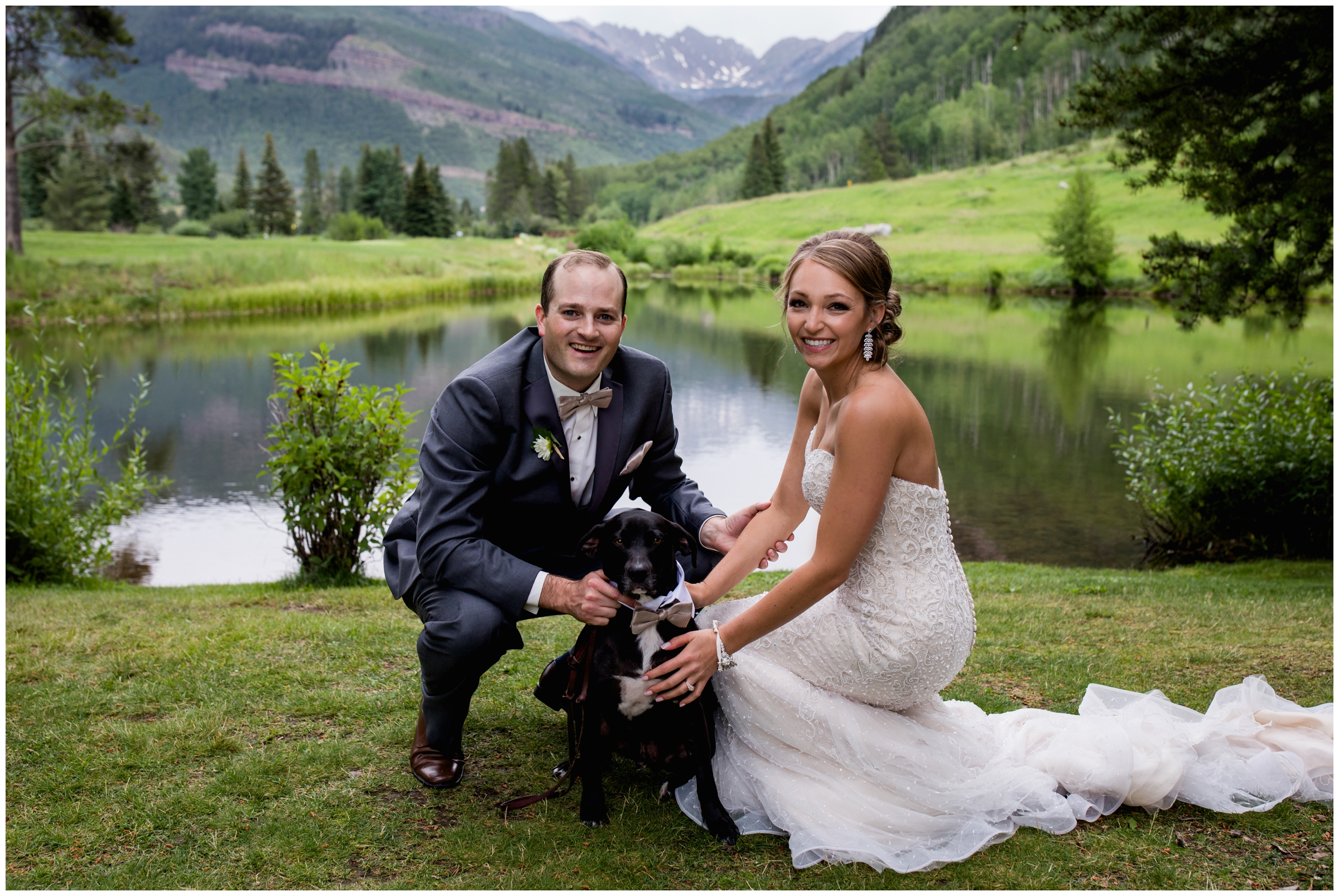 bride and groom with their dog during Vail Colorado wedding pictures 