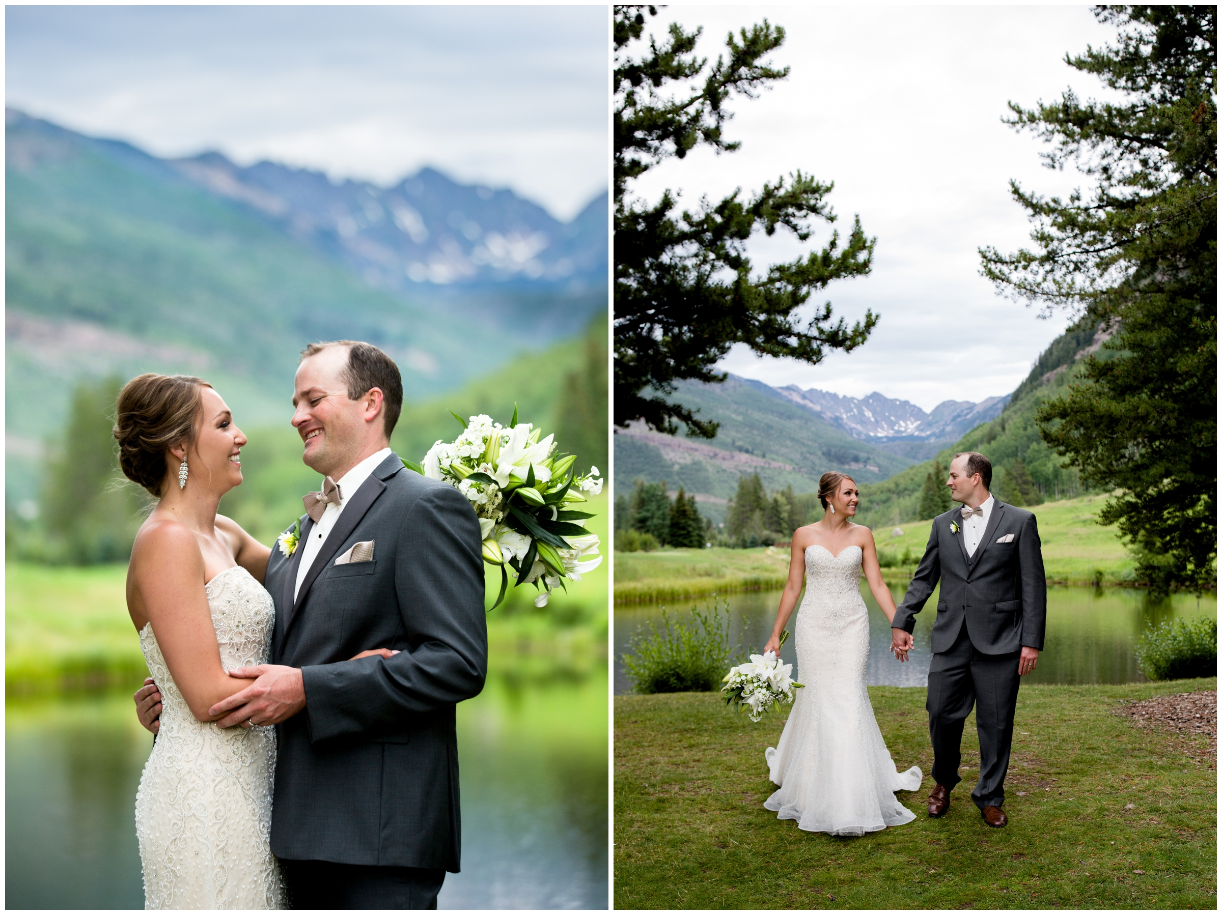 bride and groom laughing with mountains in background during Vail wedding pictures 