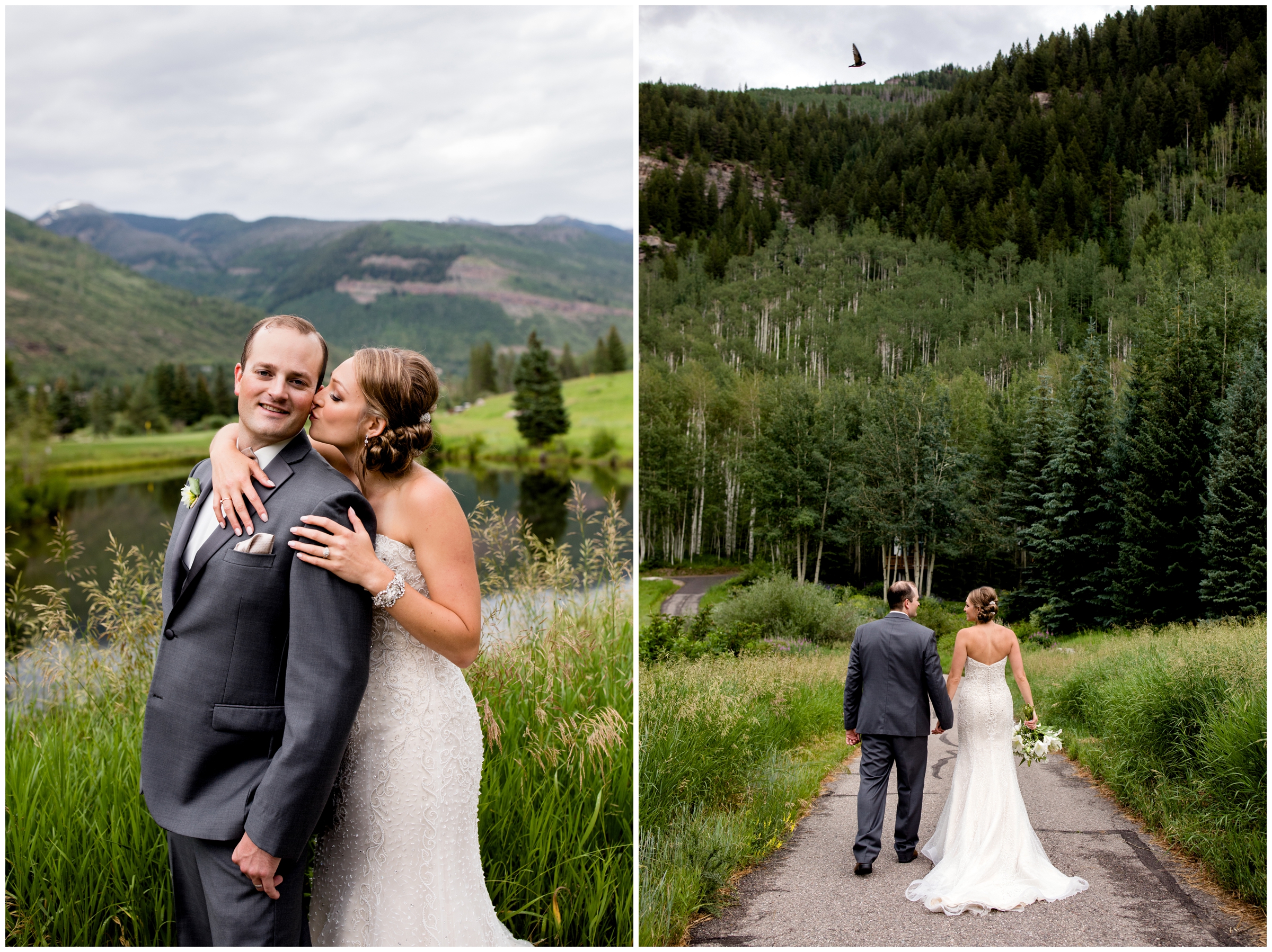 couple walking during Colorado mountain wedding photos 