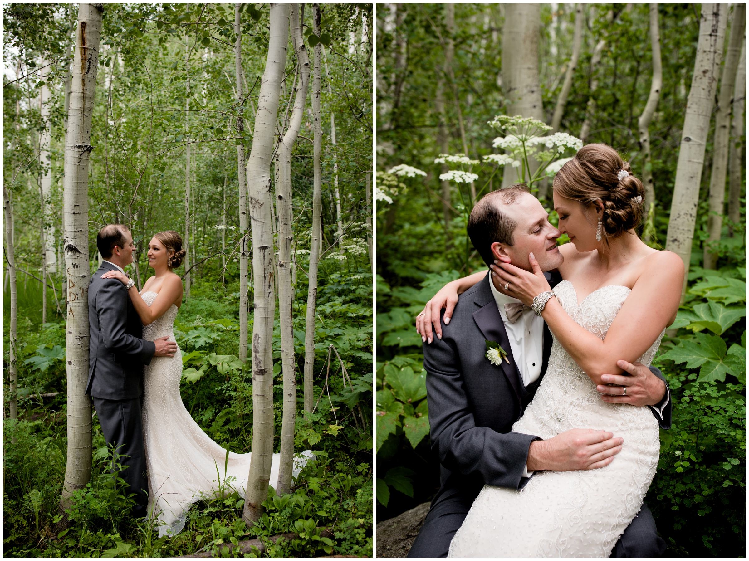 couple kissing amongst aspen trees during Colorado mountain wedding photos 