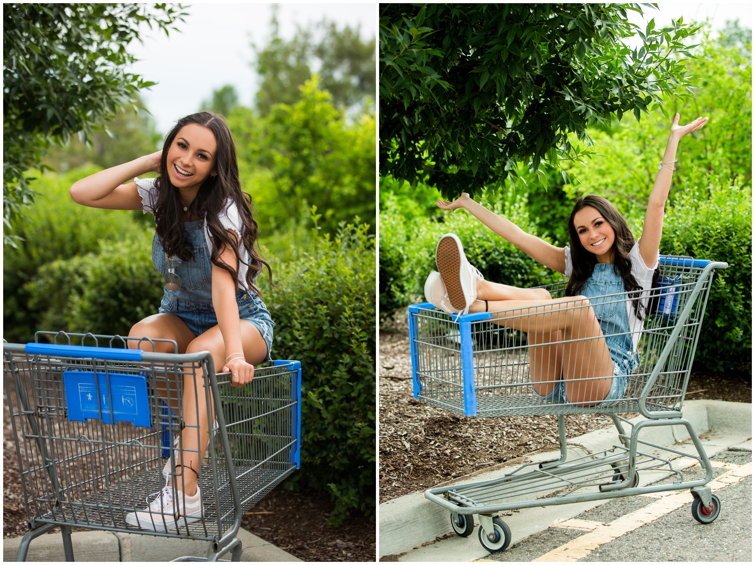 girl in shopping cart during Windsor senior photos by Longmont Colorado portrait photographer Plum Pretty Photography