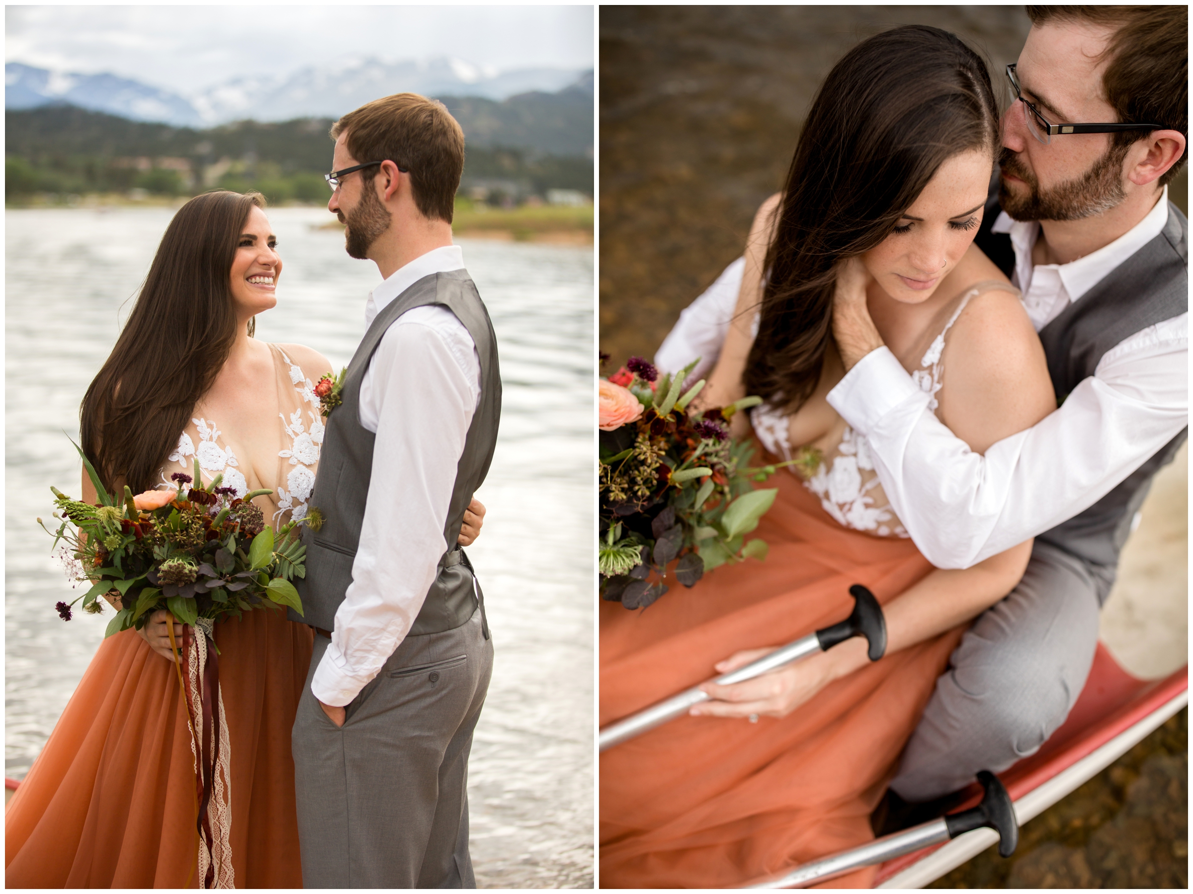 Colorado lake engagement pictures with a canoe 