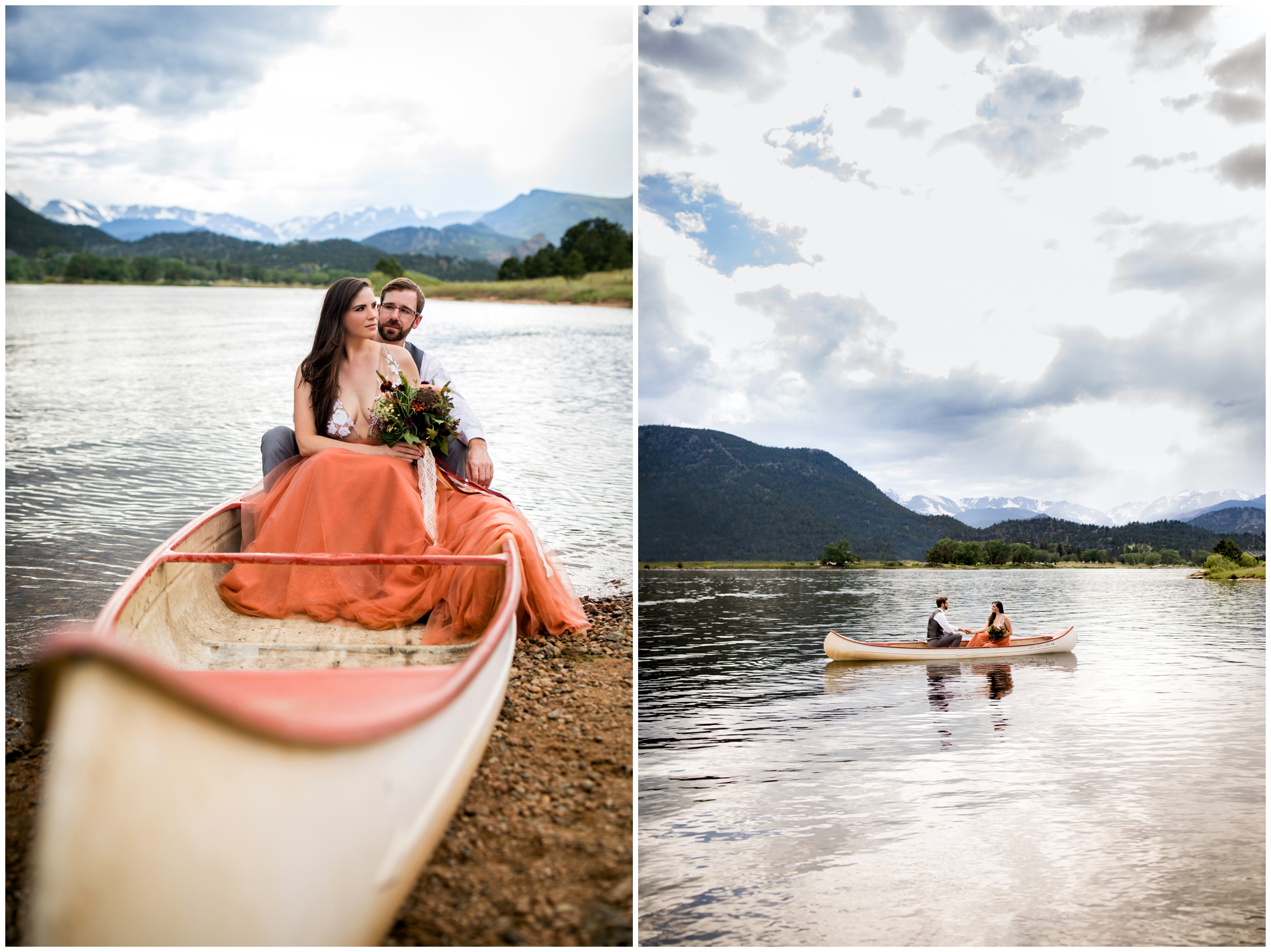 Colorado couple in a canoe during Estes Park lake engagement pictures 