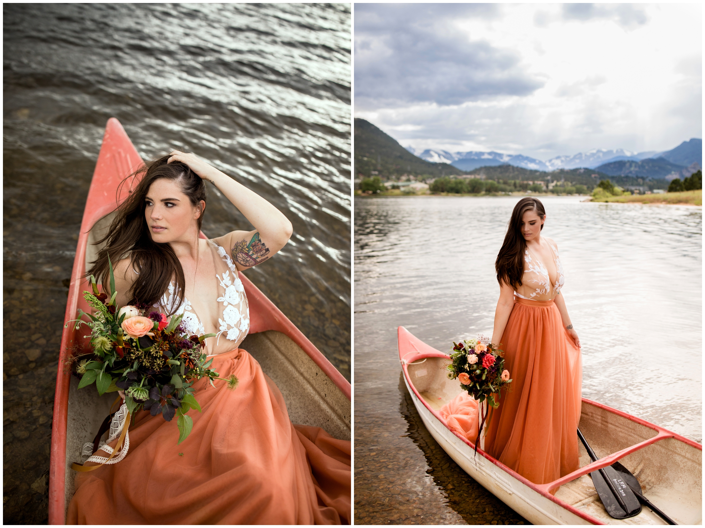 bride in orange skirt posing during Estes Park elopement wedding pictures 