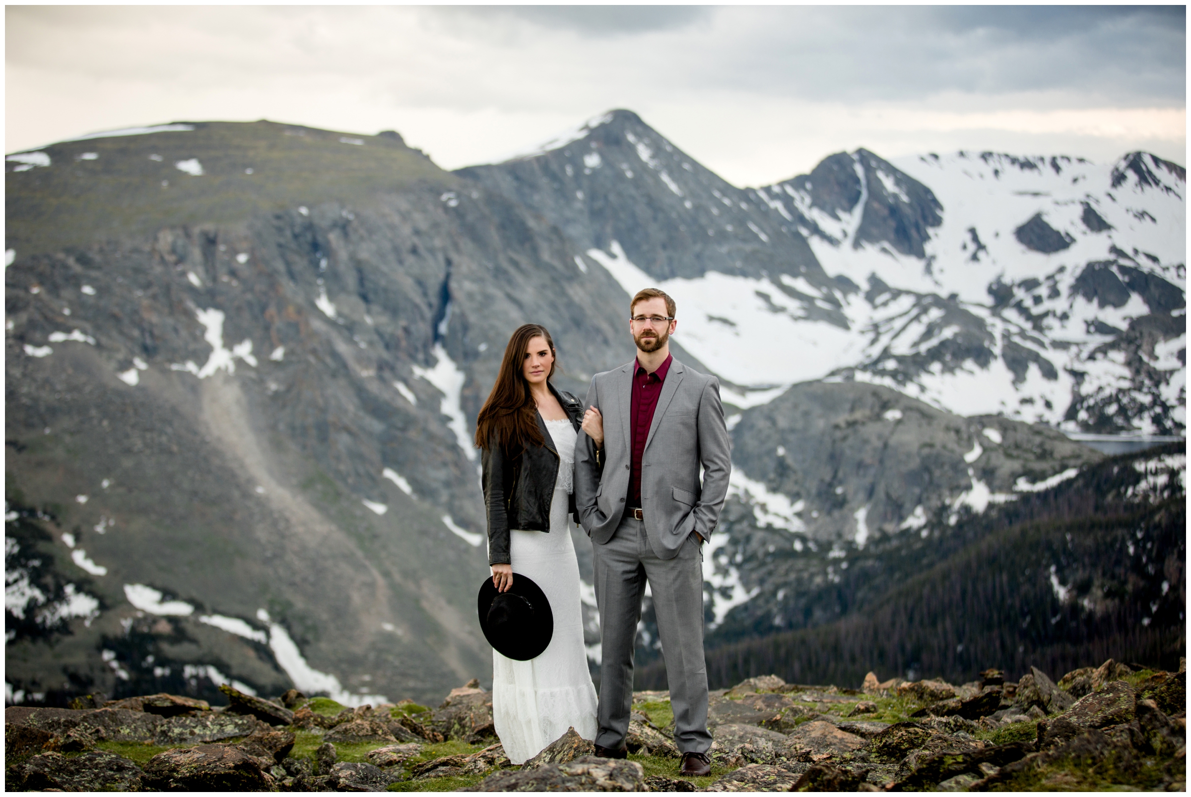 Colorado elopement bride in leather jacket during Colorado mountain wedding pictures 