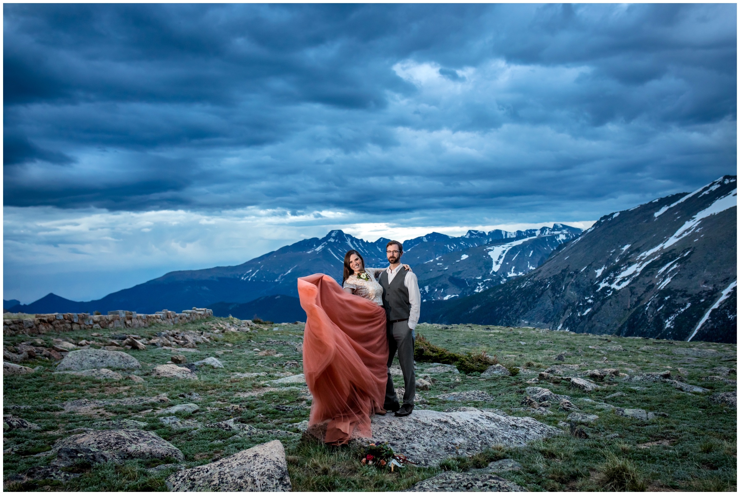 bride in orange skirt for Estes Park Colorado elopement 