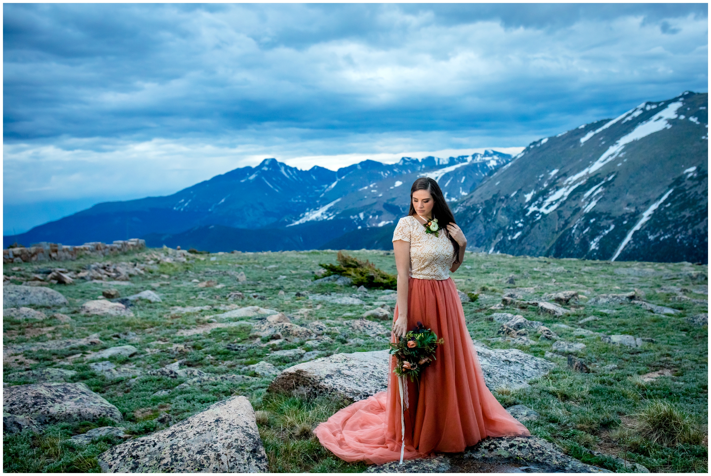 bride in orange dress by Colorado elopement photographer Plum Pretty Photo 