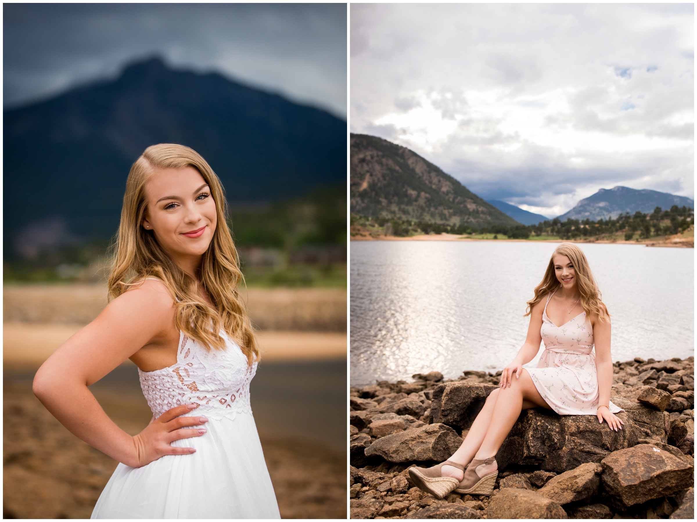 teen posing with mountains in background during Colorado lake senior photos 