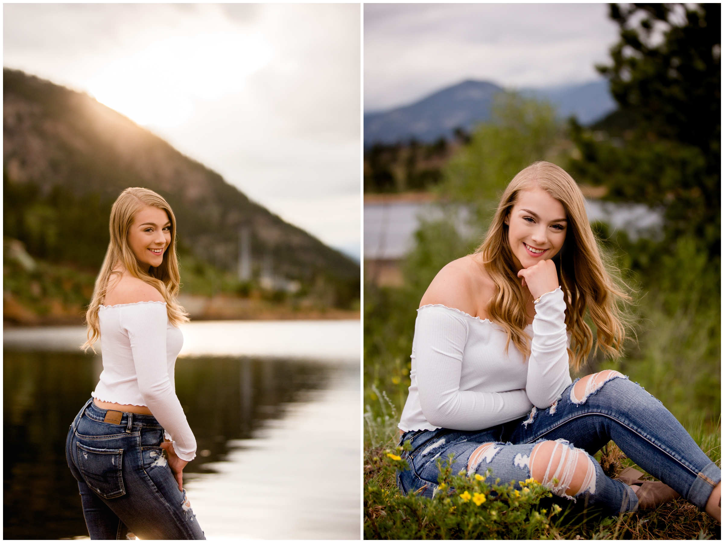 Colorado mountain senior pictures in a flower field and at Mary's Lake in Estes Park by CO portrait photographer Plum Pretty Photography