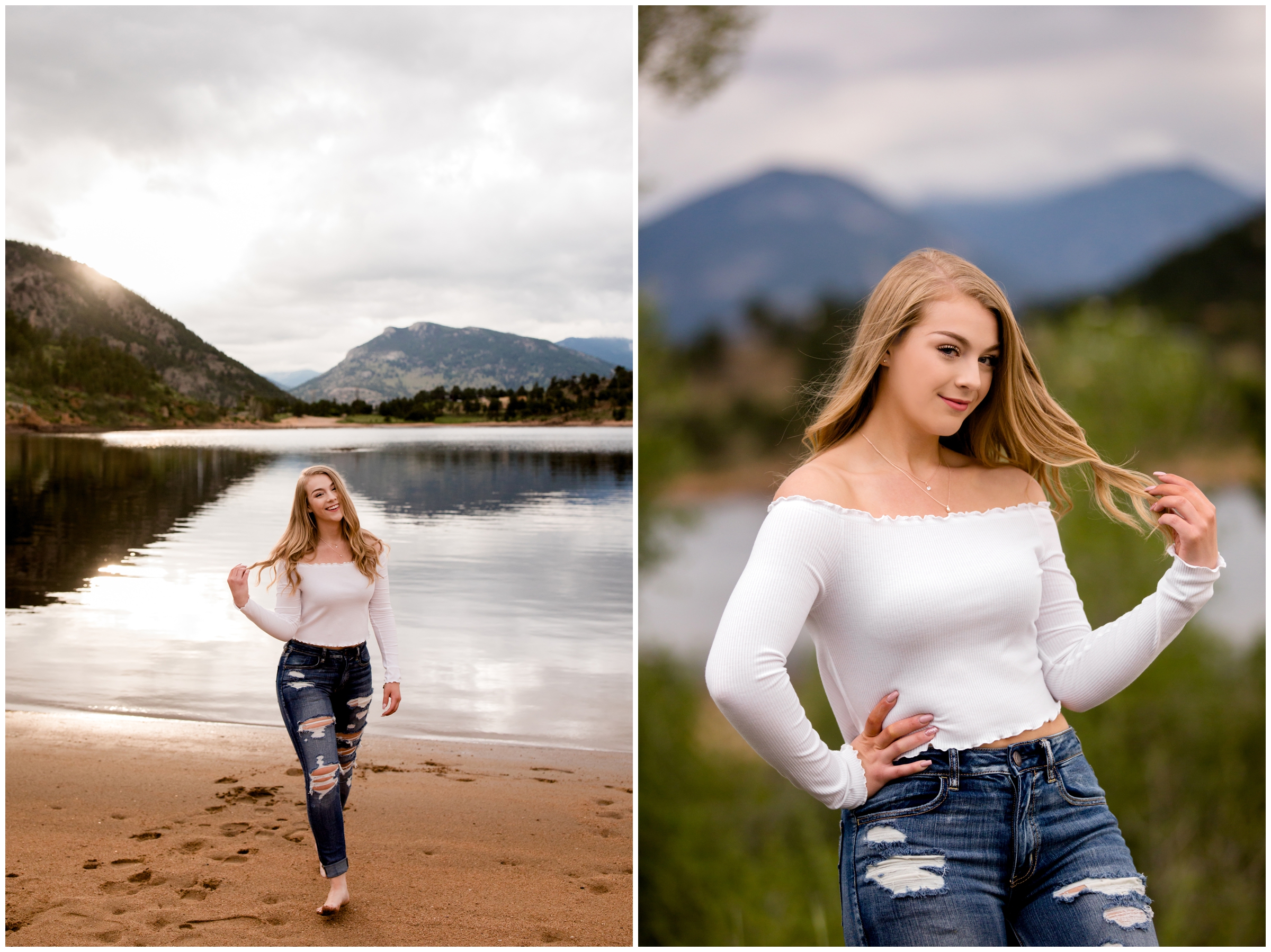 teen walking in the sand during Colorado lake senior photography session in Estes Park 