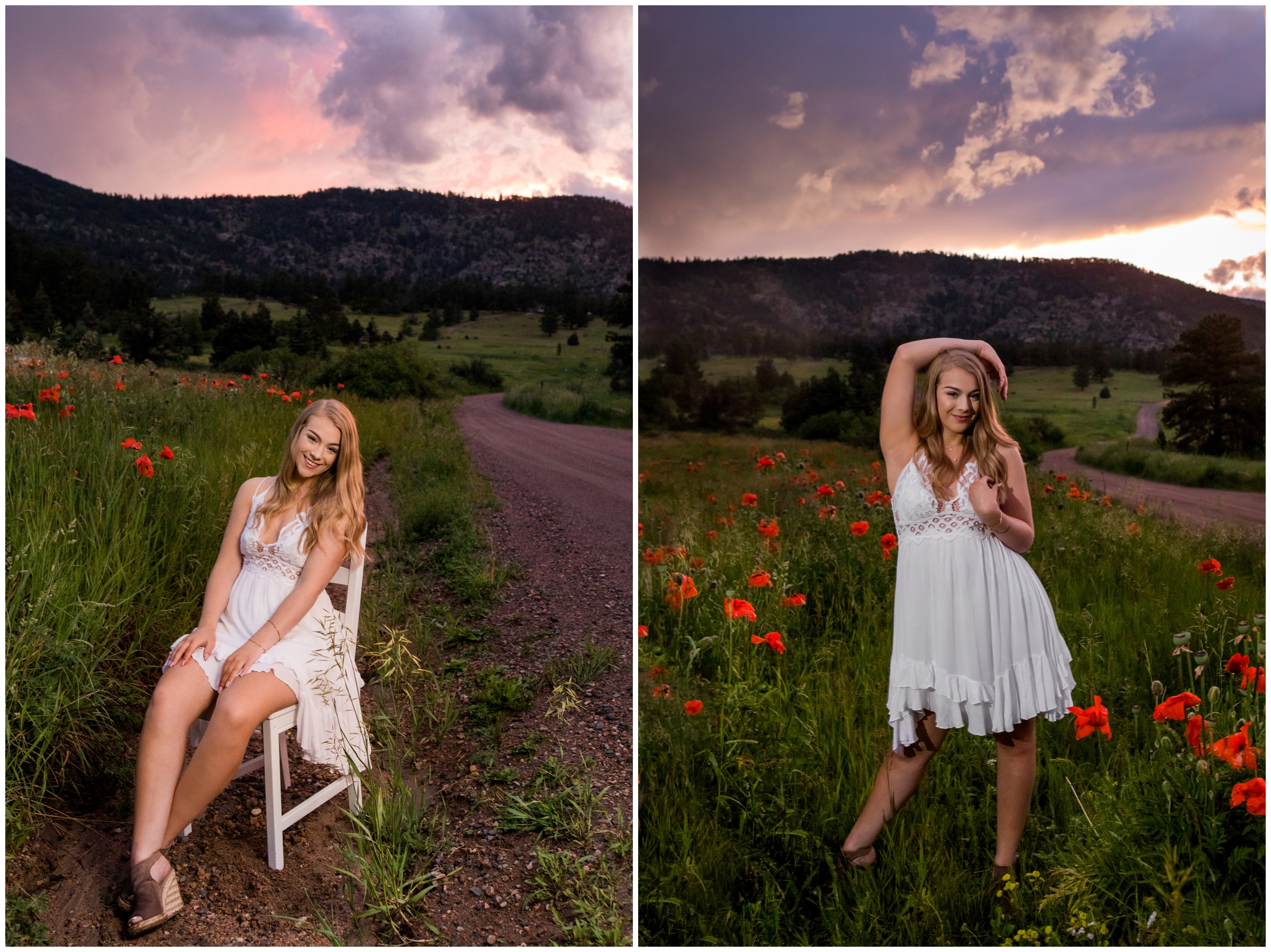 sunset senior photos in a Colorado flower field by Longmont photographer Plum Pretty Photo 