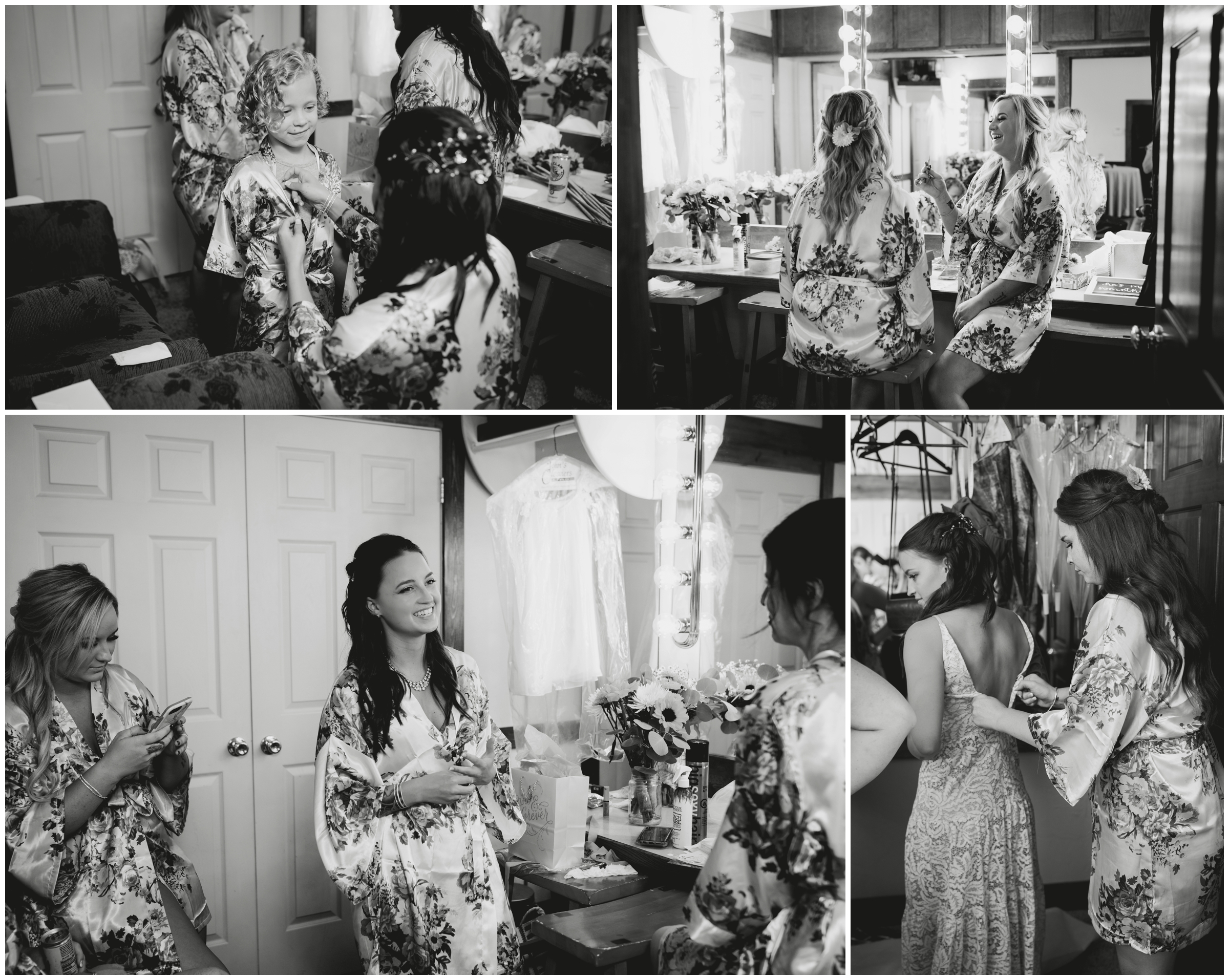 bridal party in floral robes getting ready 