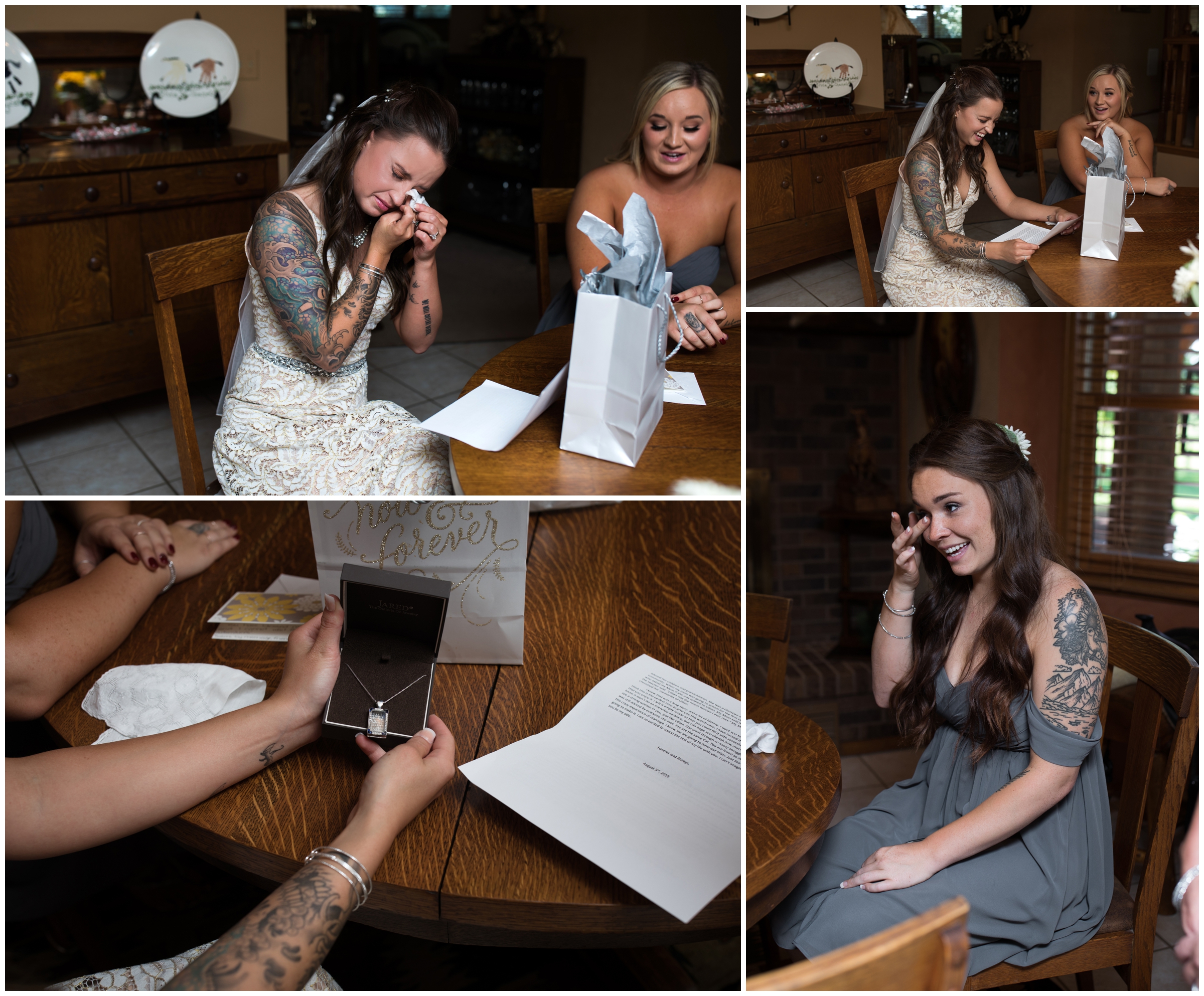 bride crying reading letter from groom 