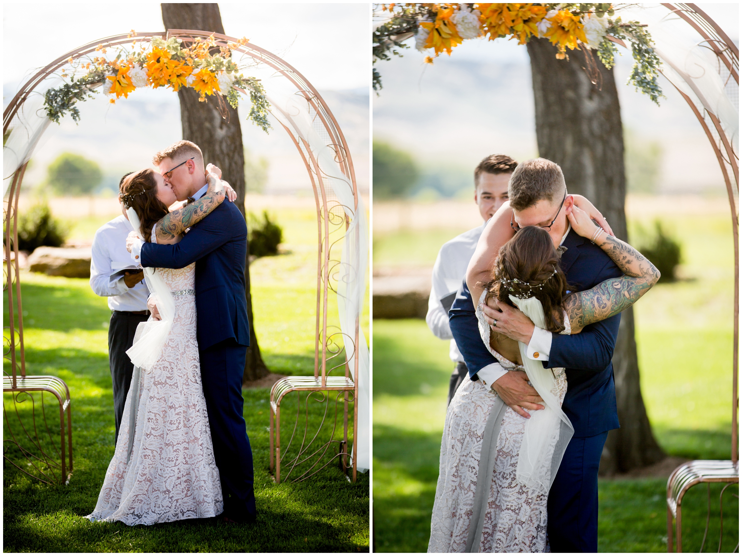 couple's first kiss during Shupe Homestead wedding ceremony in Longmont Colorado 