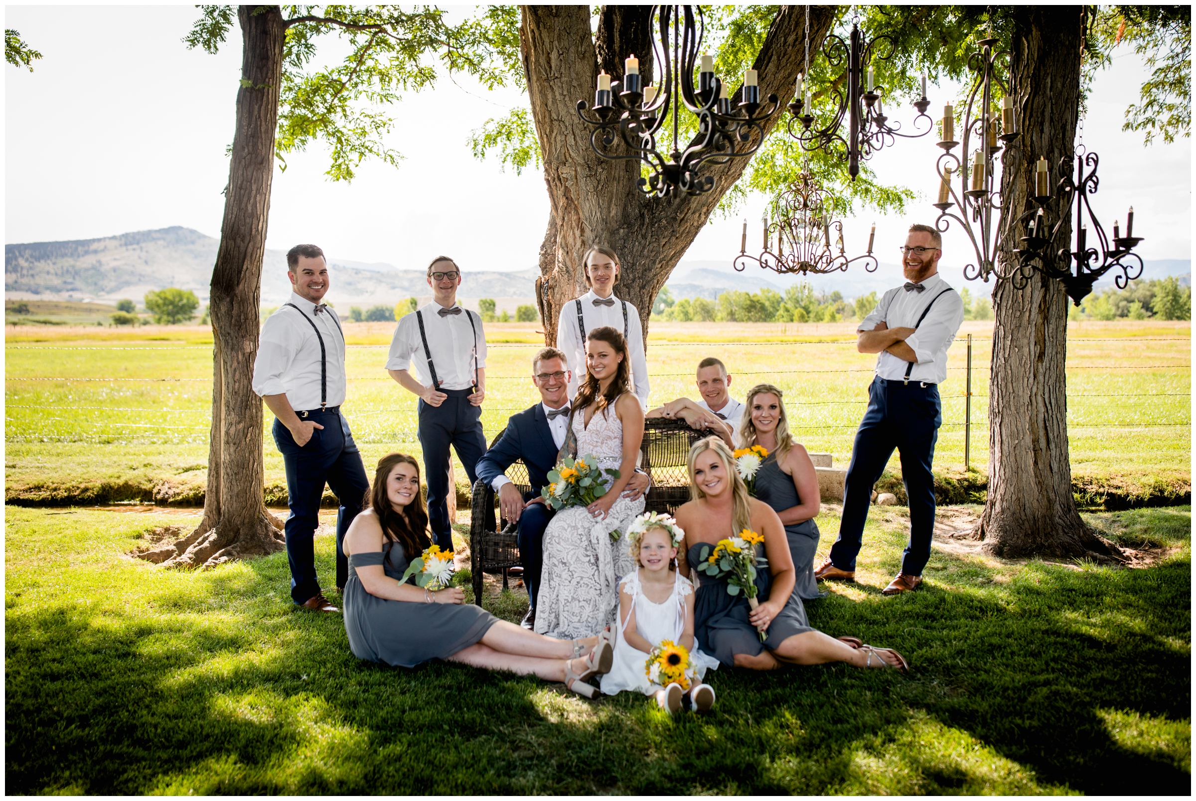 bridal party posing on an outdoor couch at Shupe Homestead wedding 