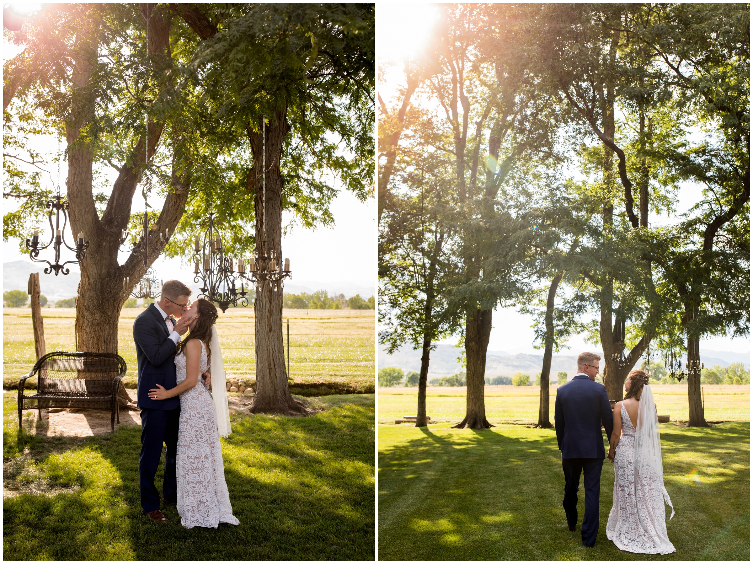 couple kissing under the trees at Shupe Homestead rustic Colorado wedding 