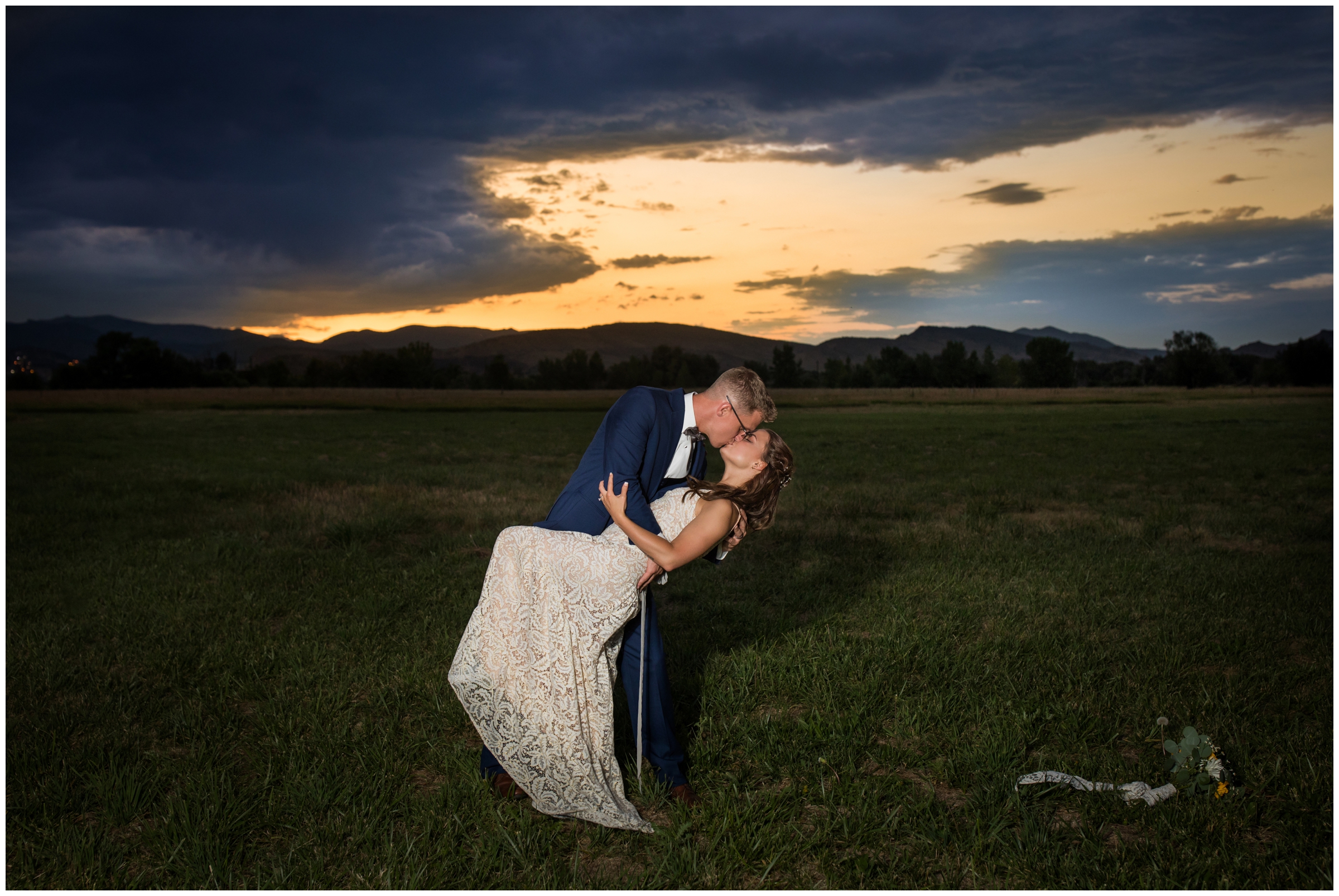 groom dripping bride at sunset during Shupe homestead Longmont Colorado wedding portraits 