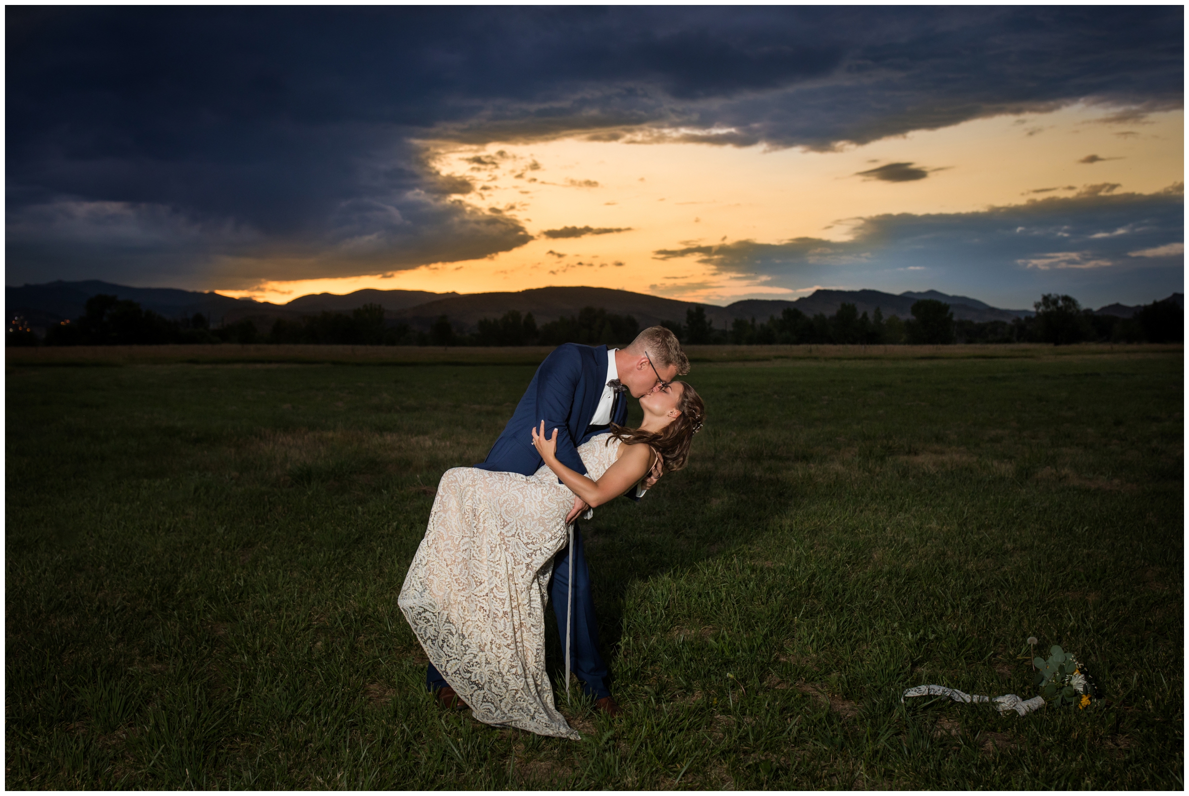 groom dripping bride at sunset during Shupe homestead Longmont Colorado wedding portraits