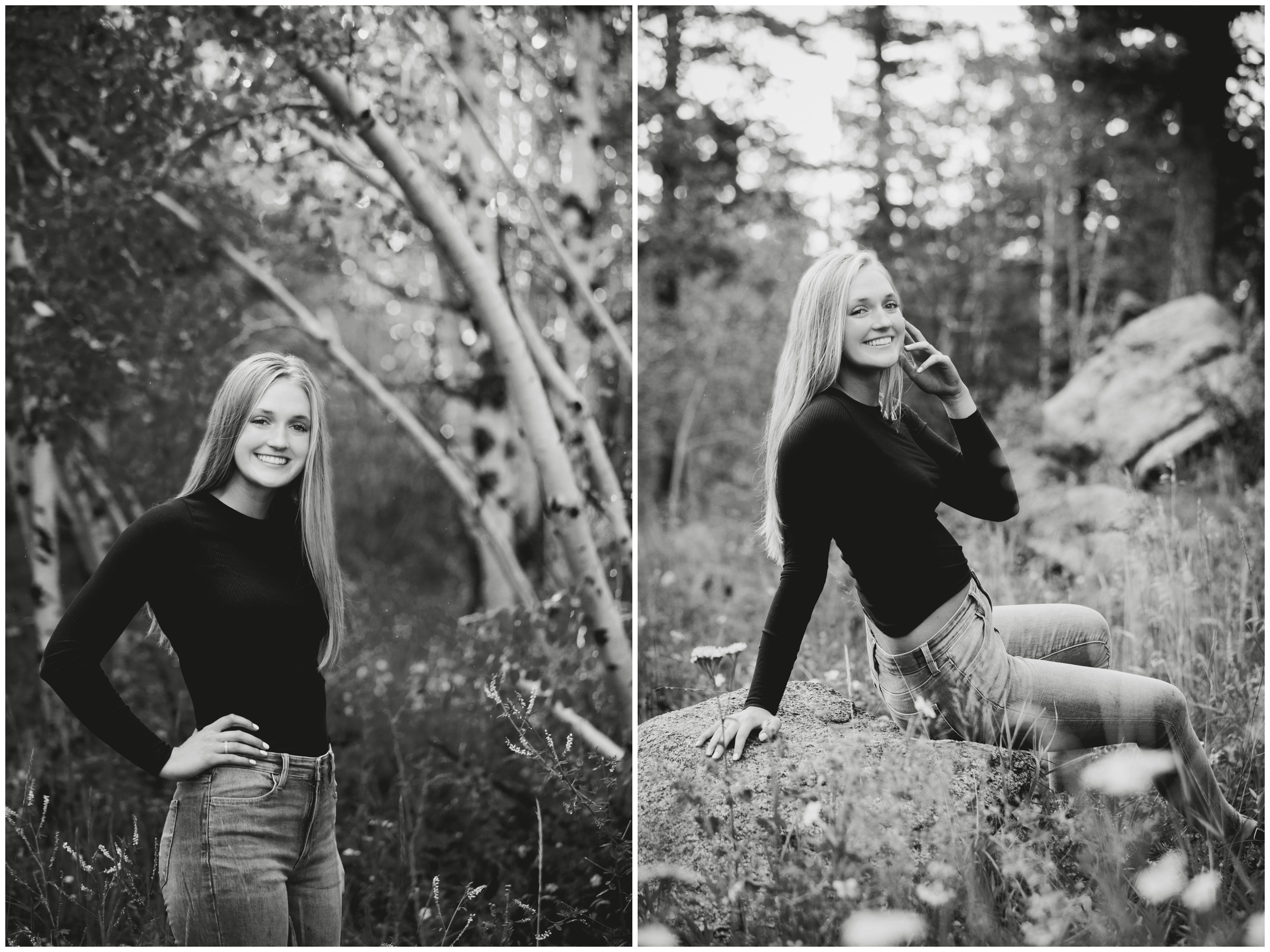 teen standing under aspen trees during Colorado senior photography session 