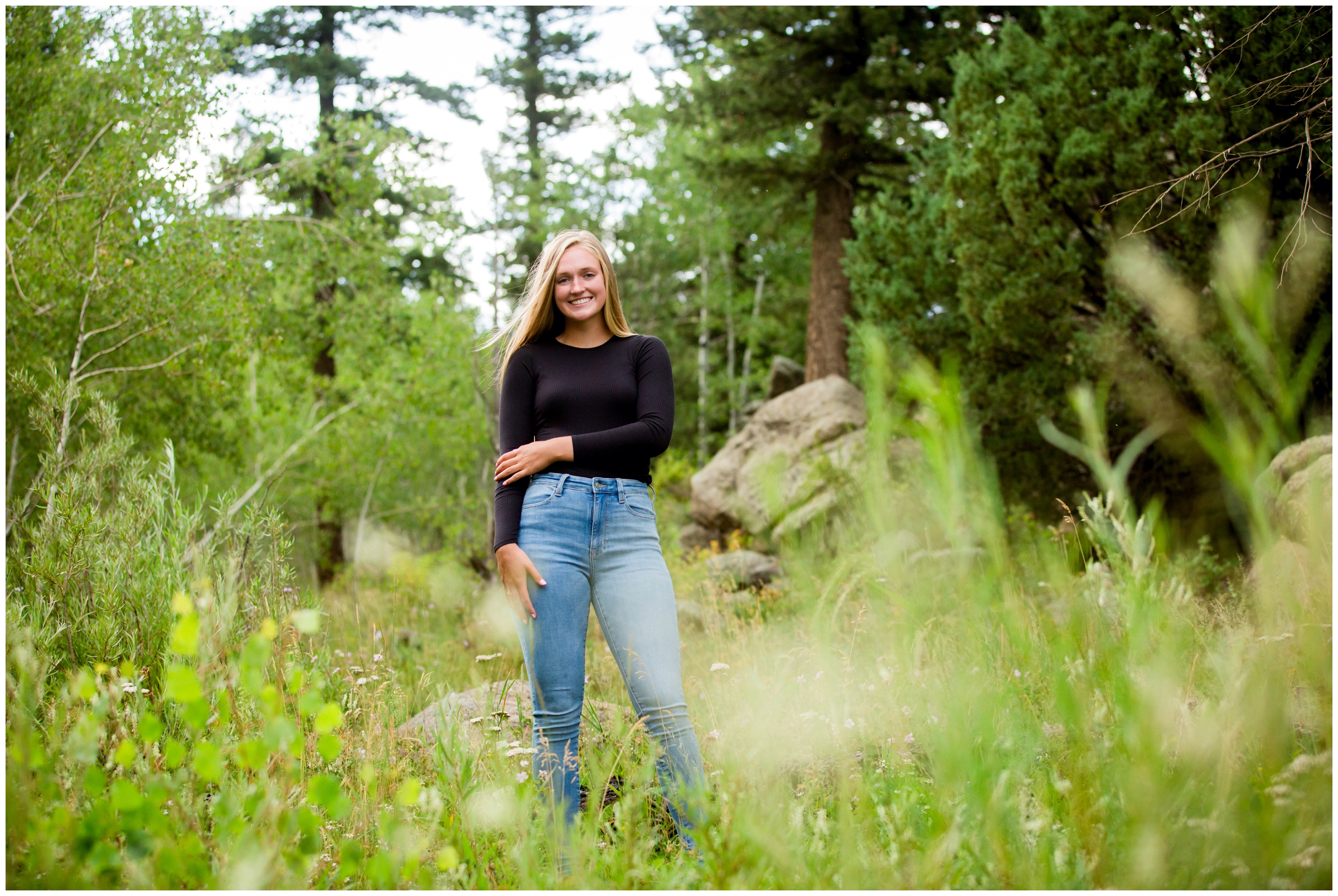 teen posing in forest at Boulder CO senior photography session 