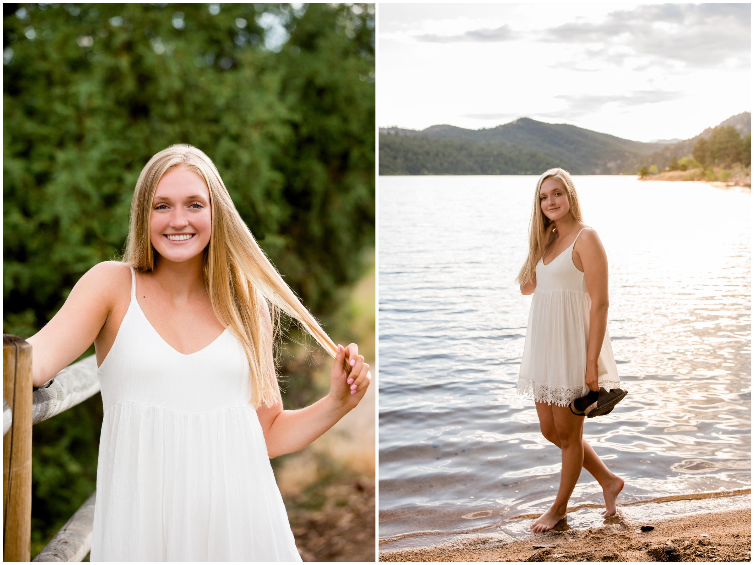 teen standing in water during Colorado lake senior pictures 