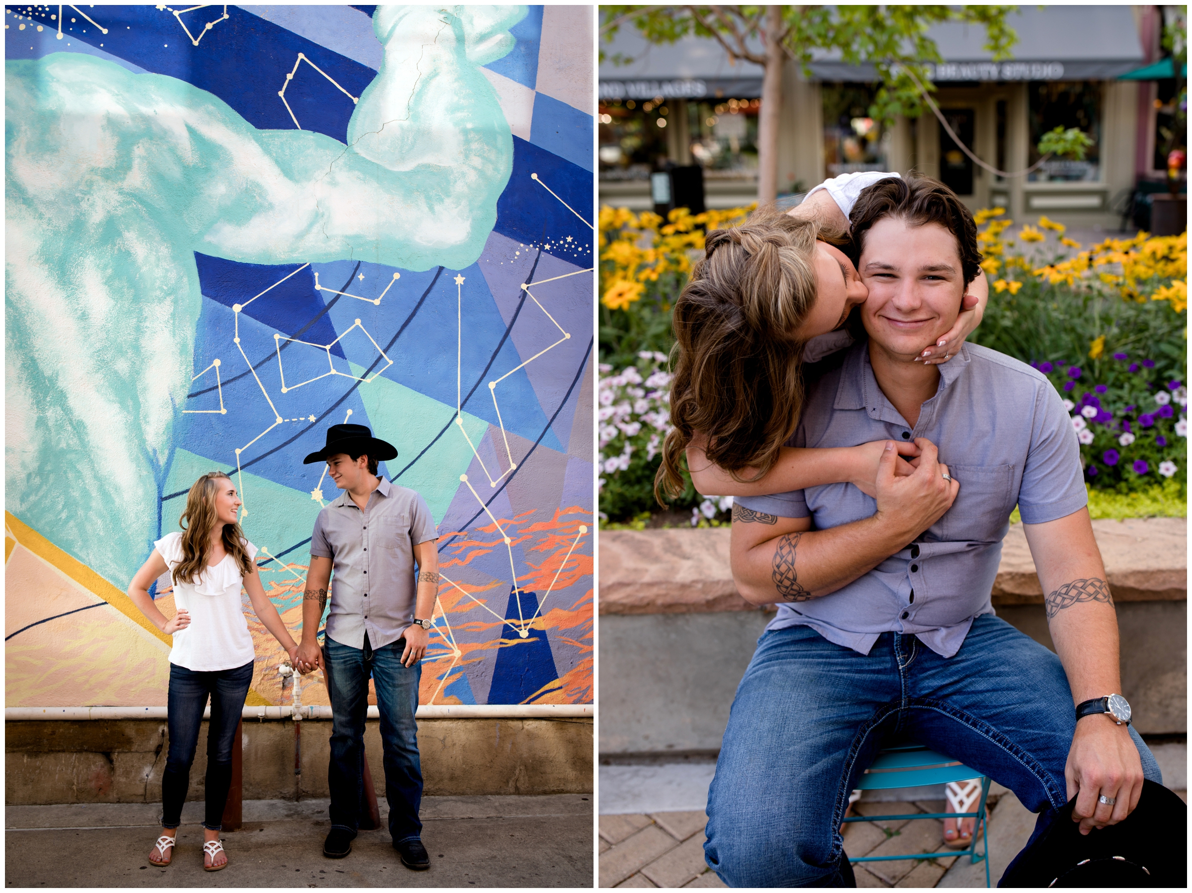 couple posing in front of colorful mural during Ft. Collins Colorado engagement photos 