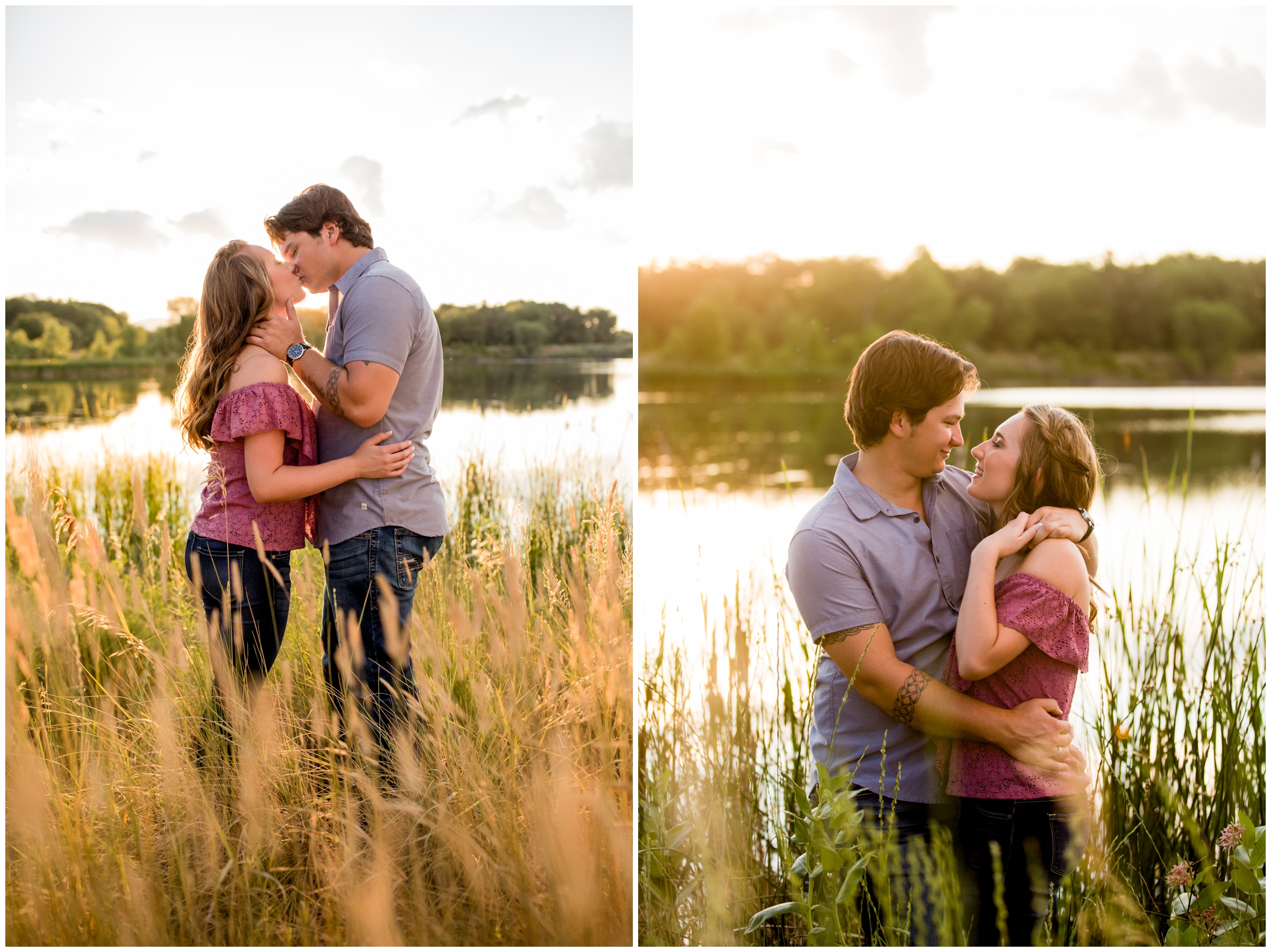 couple embracing in front of riverbend ponds during Ft. Collins Colorado engagement photography session 