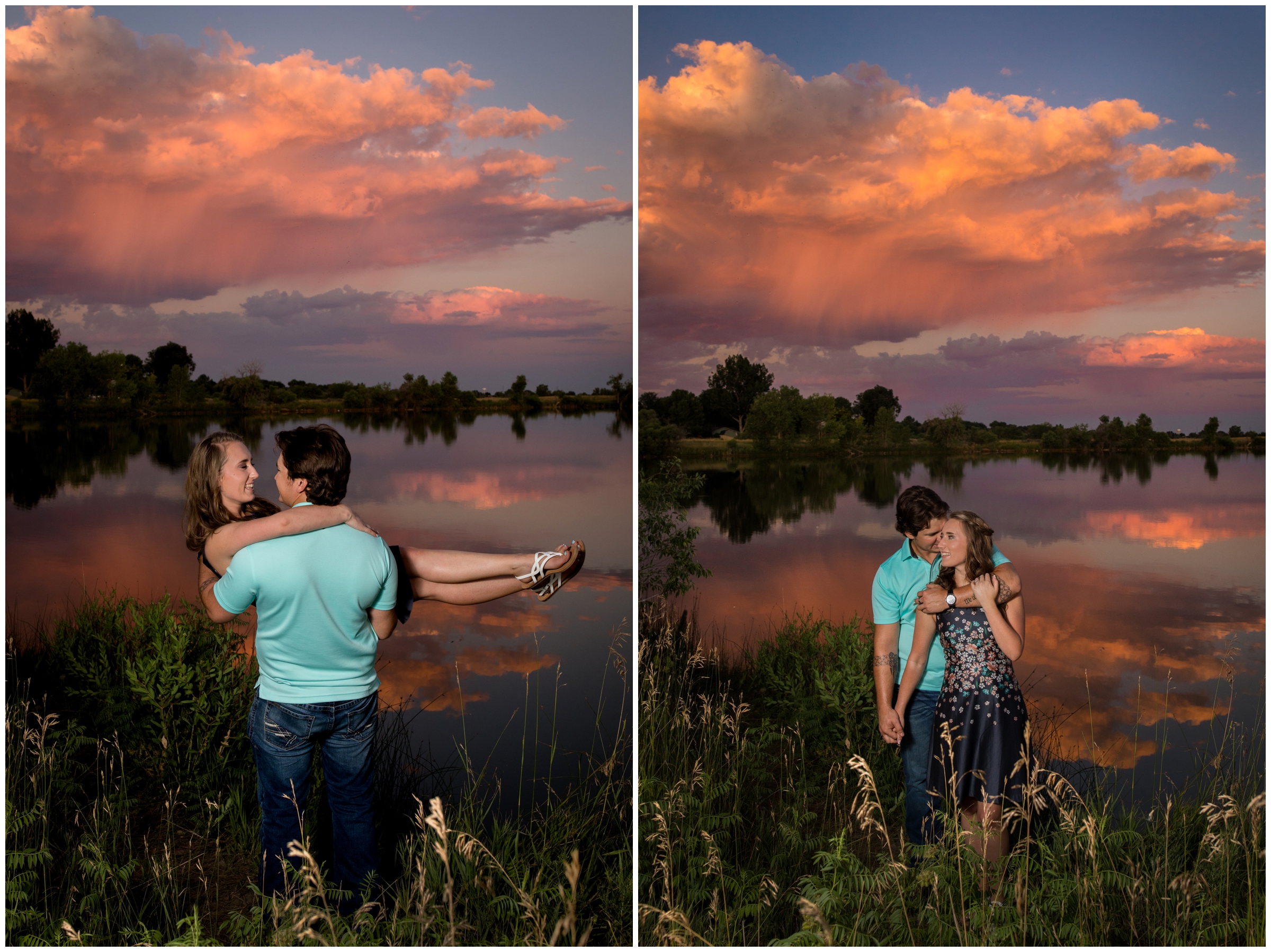 sunset Fort Collins engagement pictures by Northern Colorado photographer Plum Pretty Photography at Riverbend Ponds