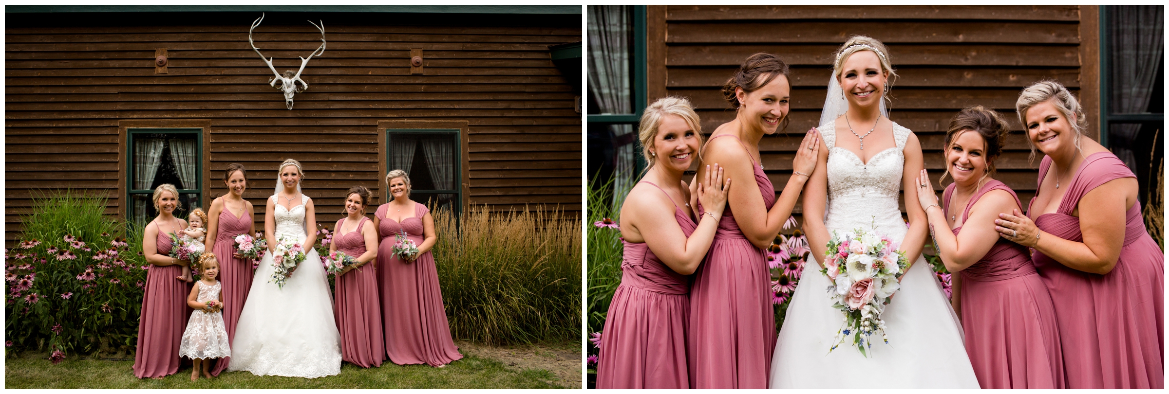 bridesmaids in mauve dresses posing in front of rustic lodge 