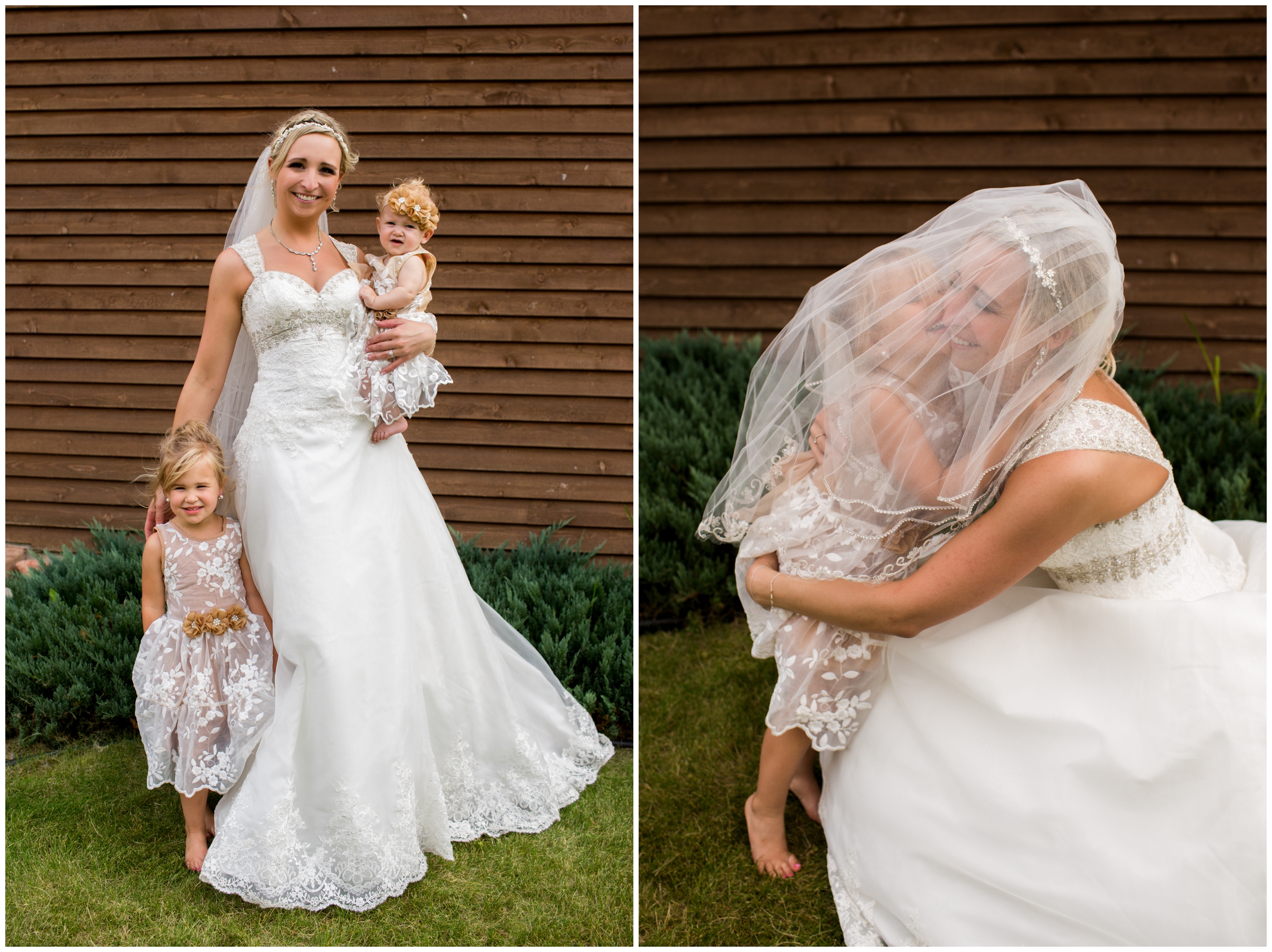 bride and flower girl hugging under the veil at Colorado ranch wedding 