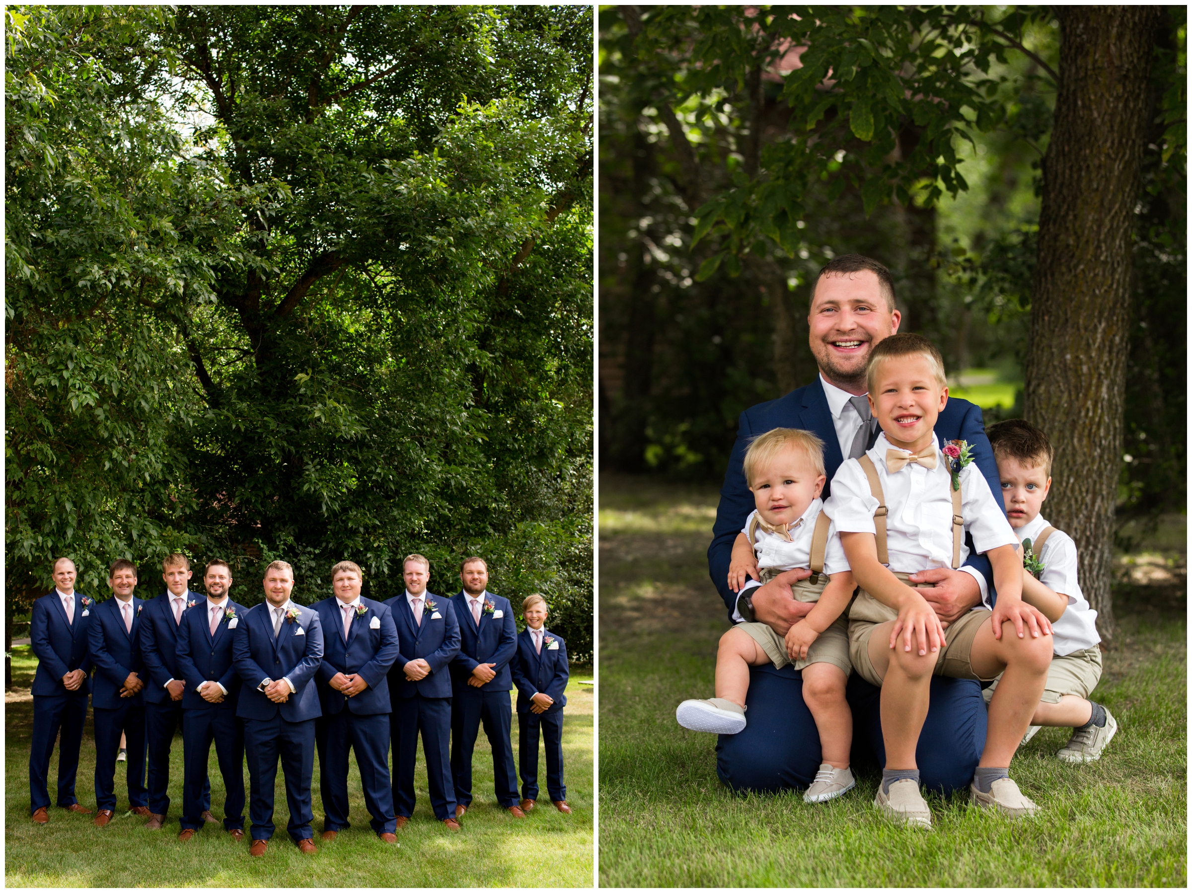 ring bearers in shorts and suspenders sitting on groom 