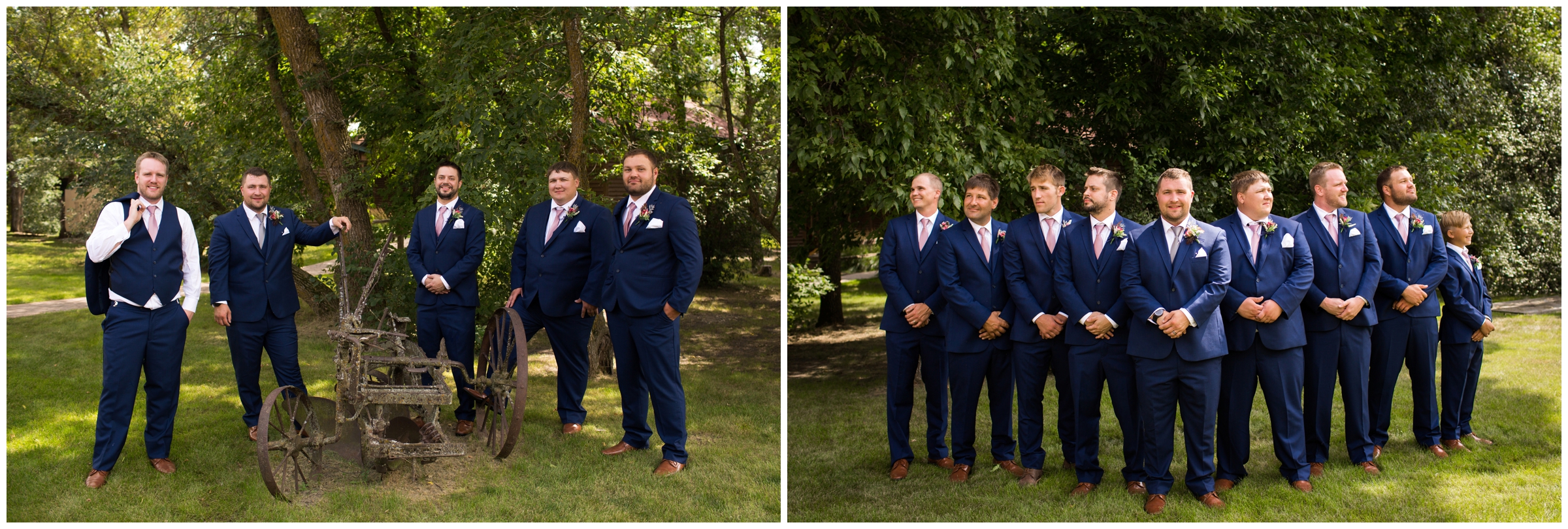 groomsmen in blue posing at rustic Colorado lodge wedding 