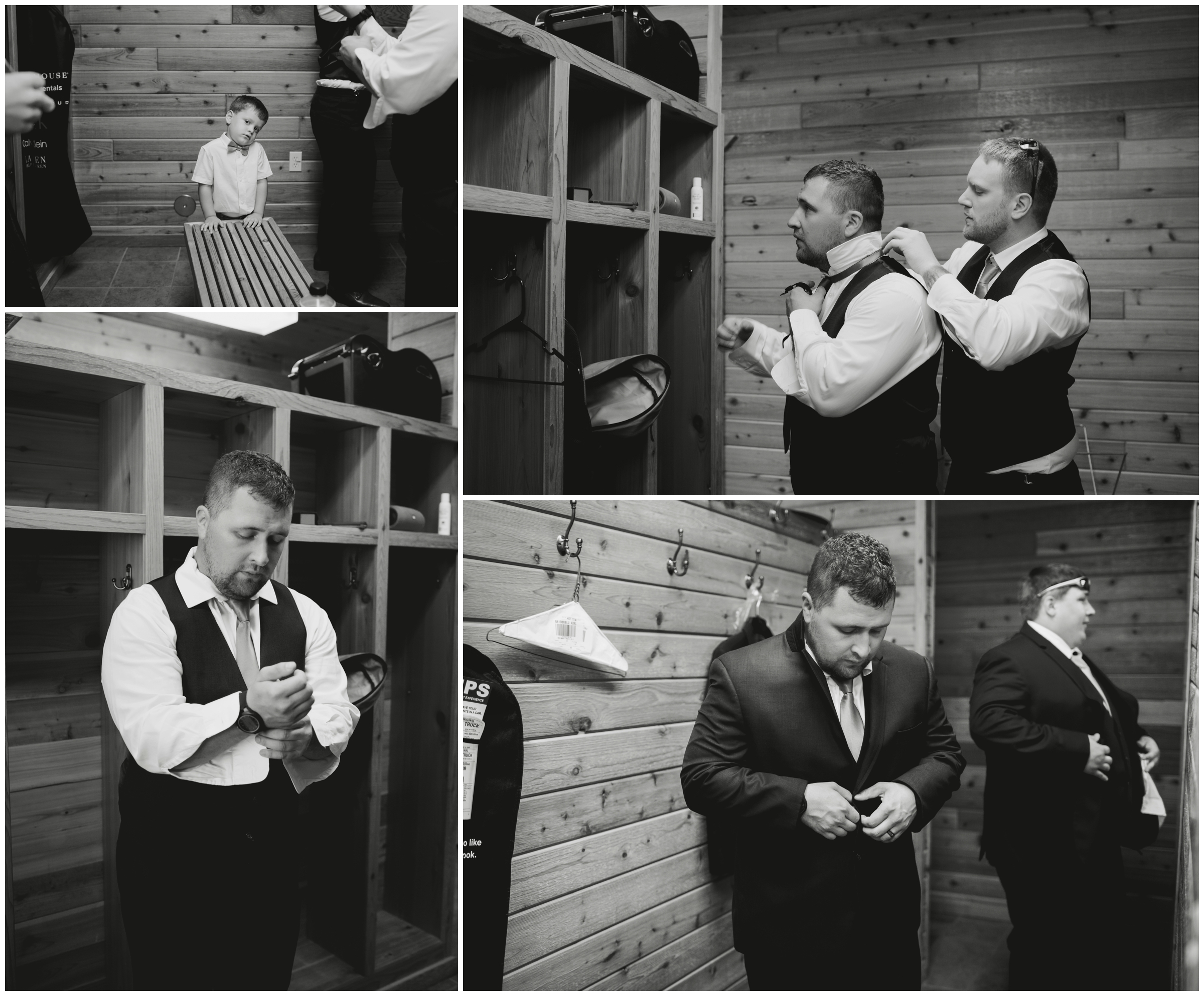 groom getting dressed in rustic cabin 