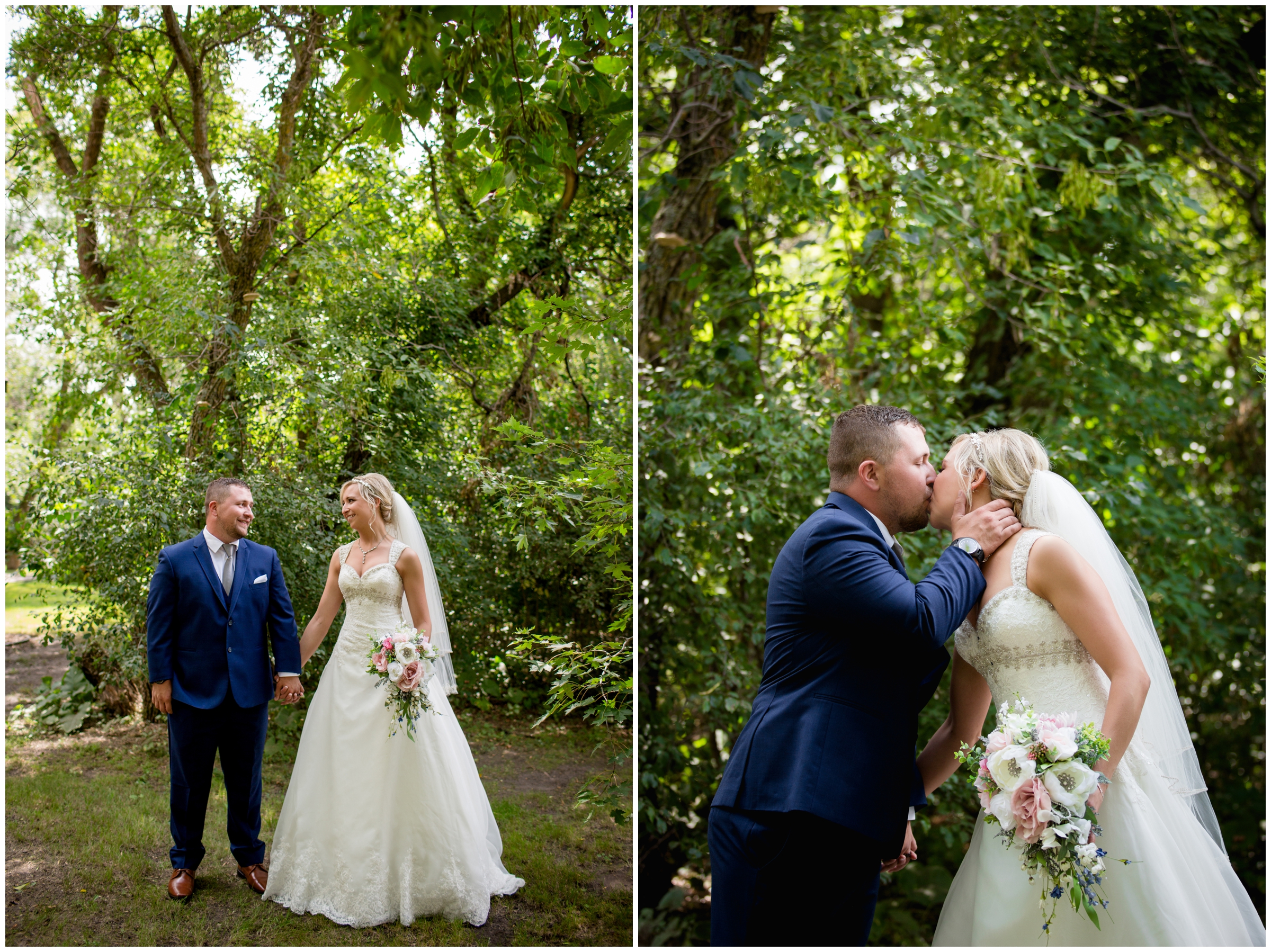 bride and groom kissing amongst the trees at rustic Colorado wedding 