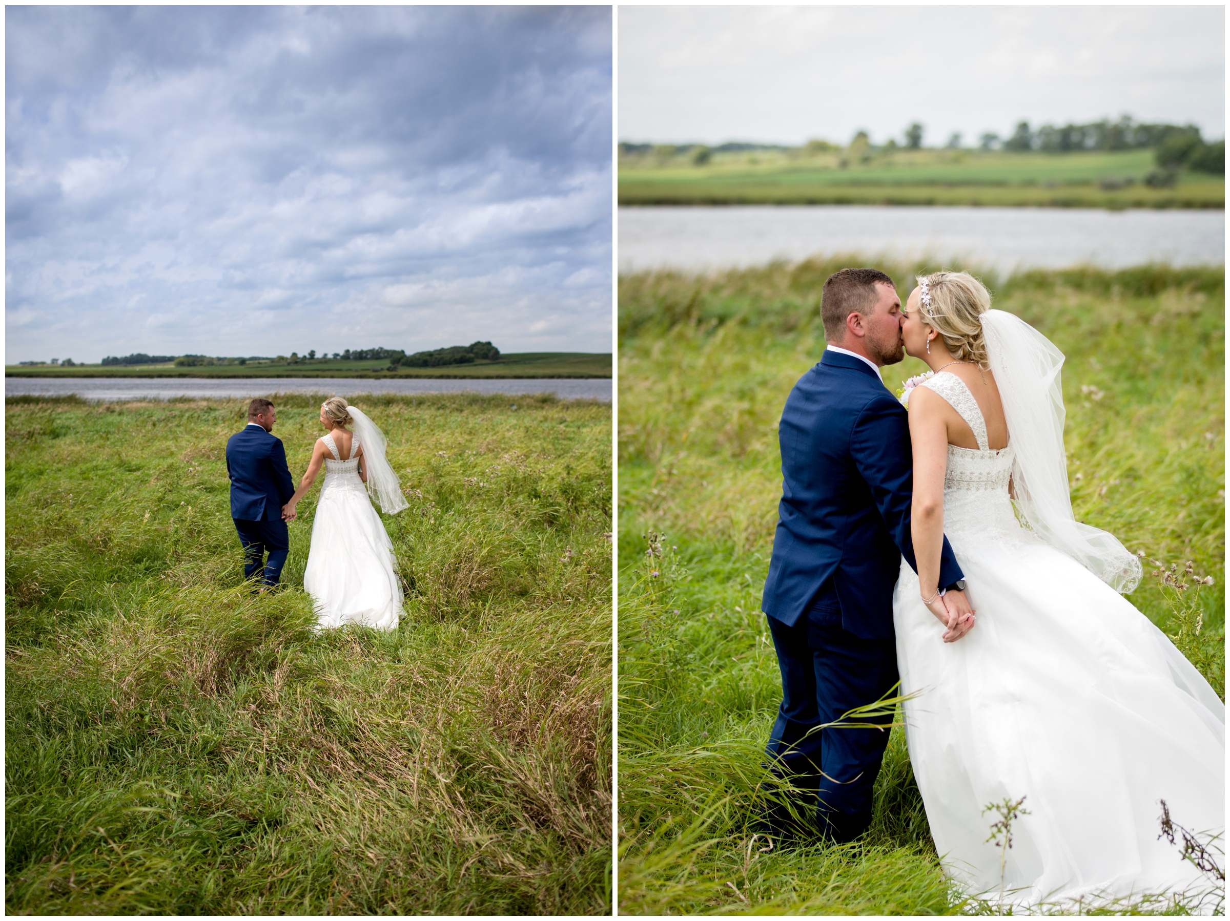 couple walking through a field at their Colorado lake wedding 