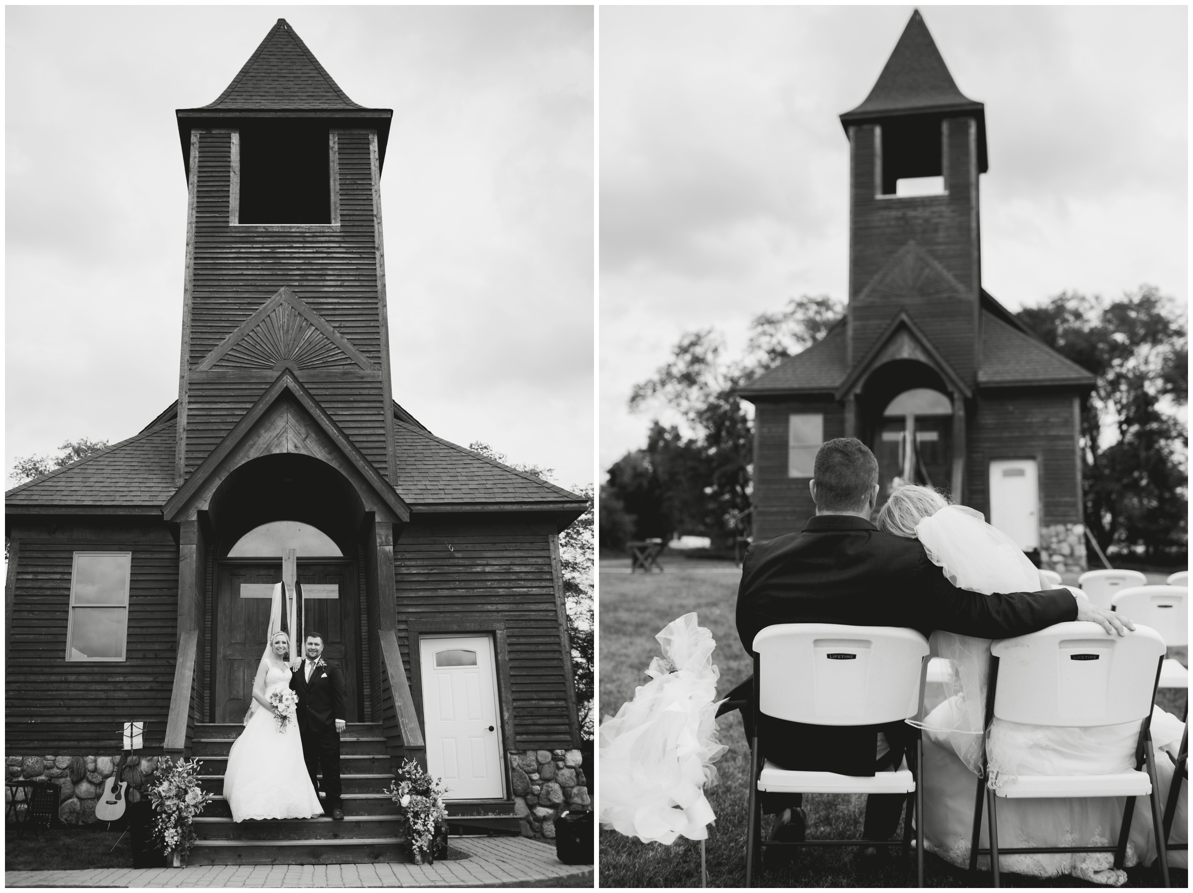 rustic country wedding with old wooden church 