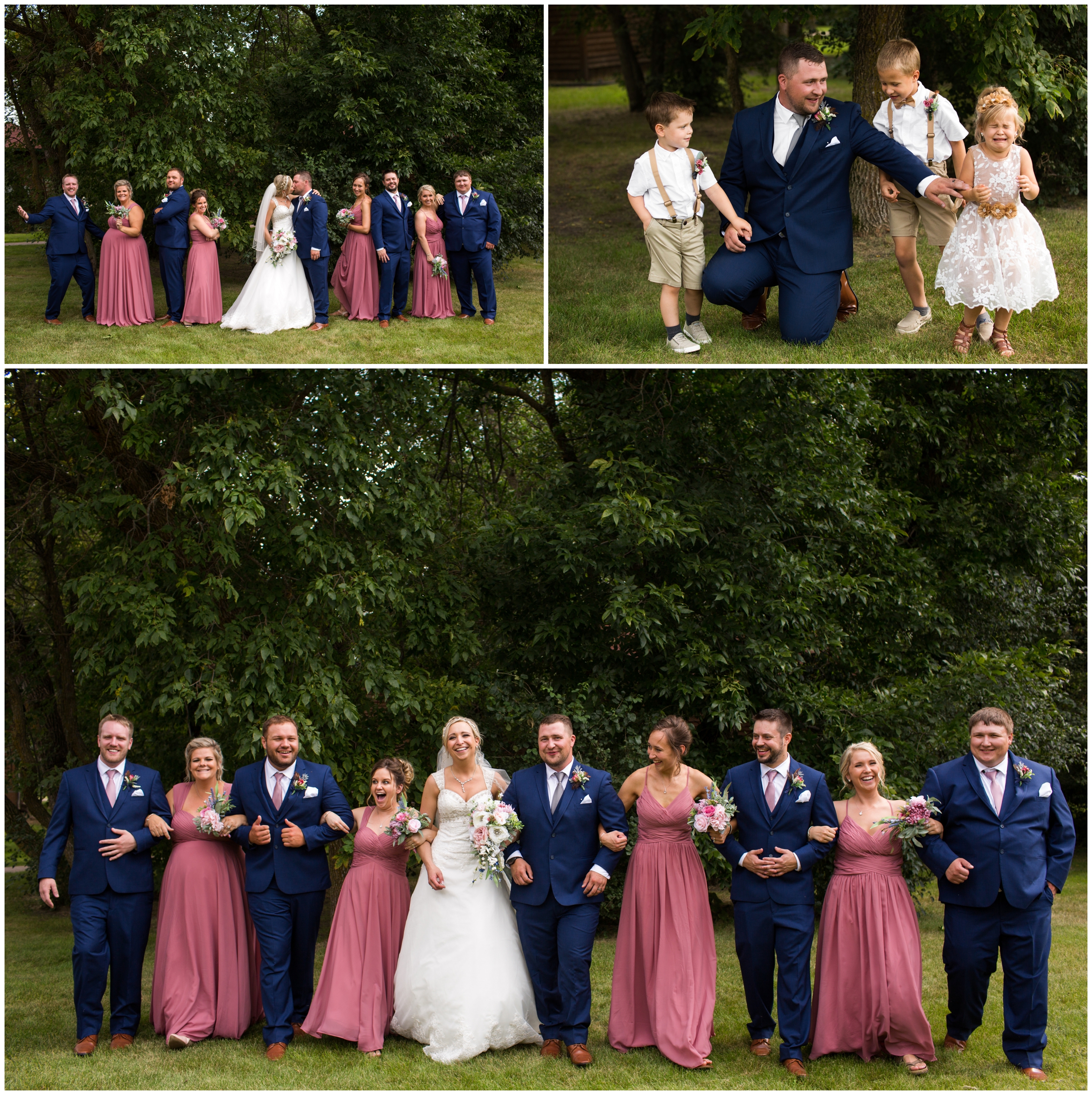 bridal party in dusty pink and navy blue attire 