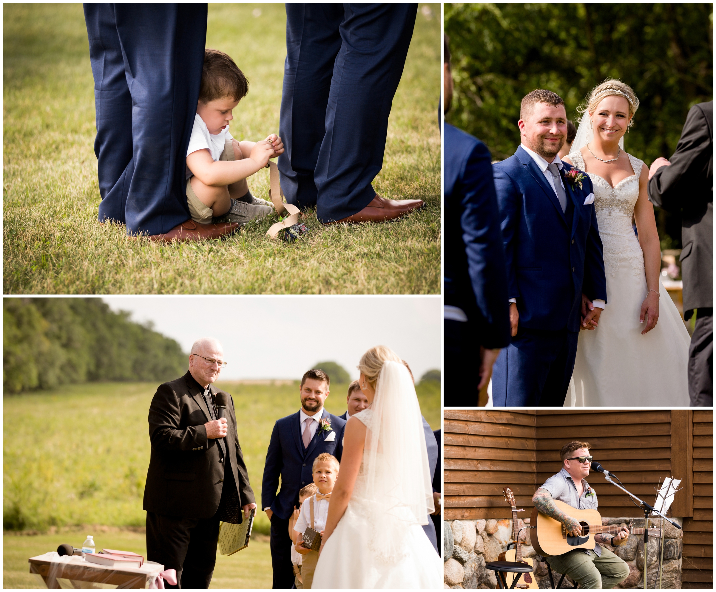 ring bearer sitting during outdoor wedding ceremony 
