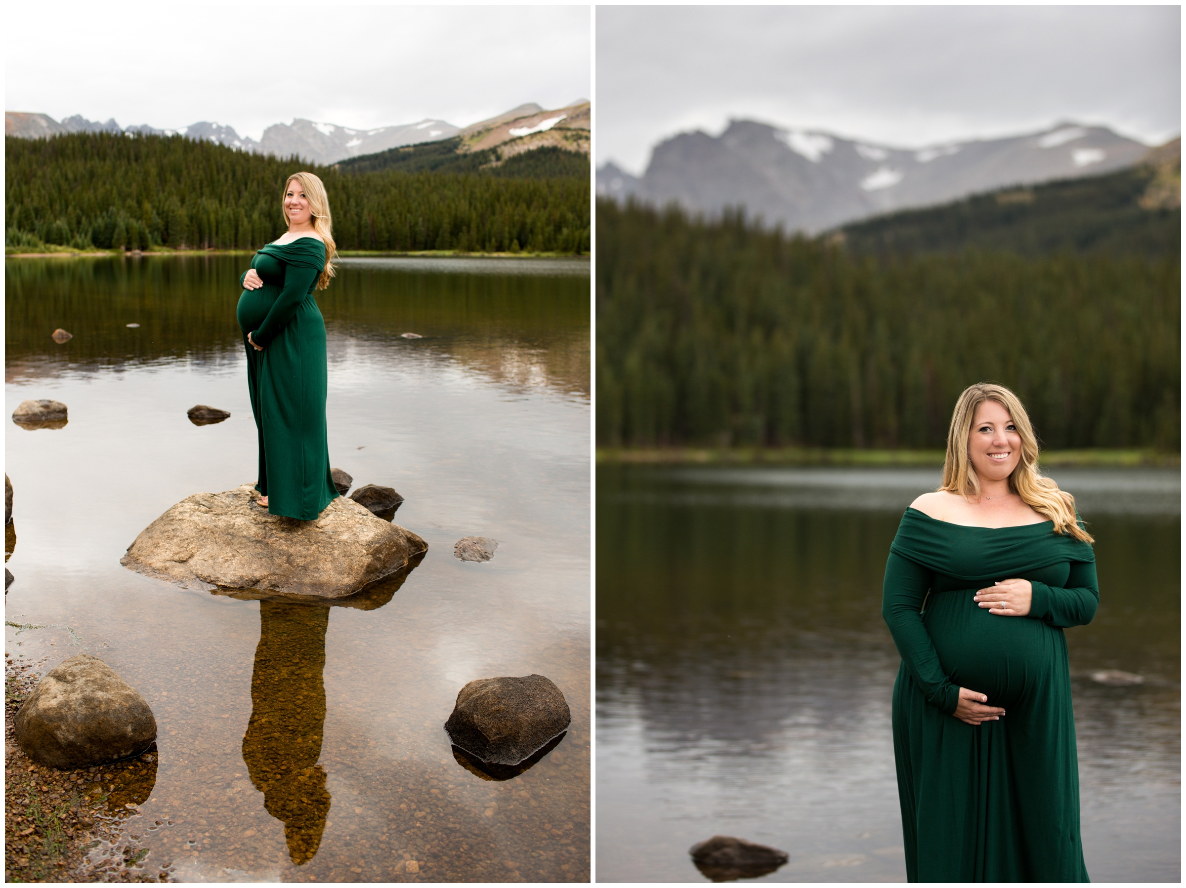 pregnant woman standing on rock at Brainard Lake during Colorado summer maternity pictures 